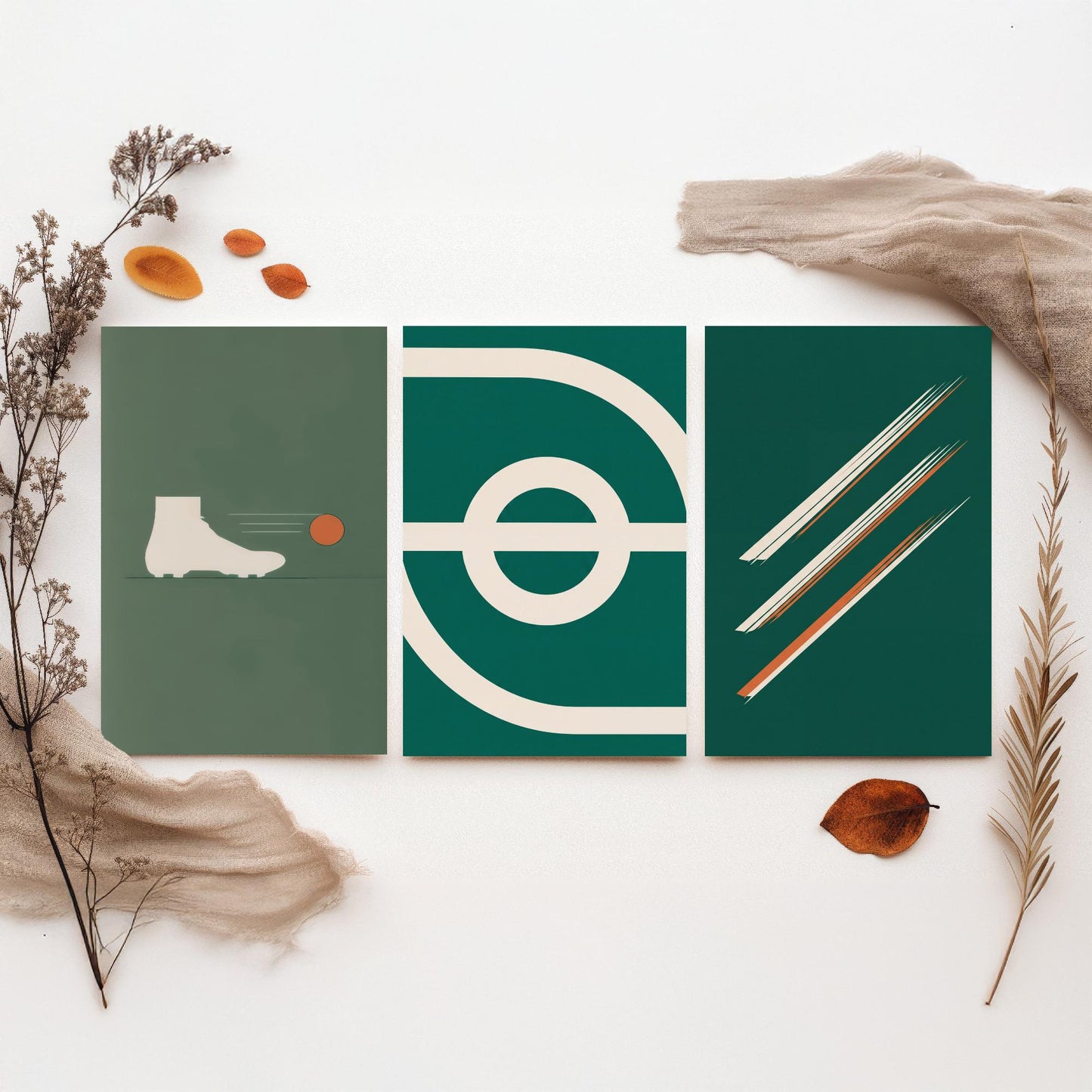 Football Abstract Set of Three Art Prints V2 - Minimalist Boot Stadium and Speed Line Illustrations - Green Orange Poster Decor Triptych