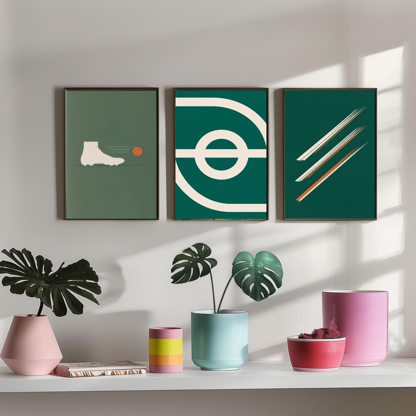 Football Abstract Set of Three Art Prints V2 - Minimalist Boot Stadium and Speed Line Illustrations - Green Orange Poster Decor Triptych