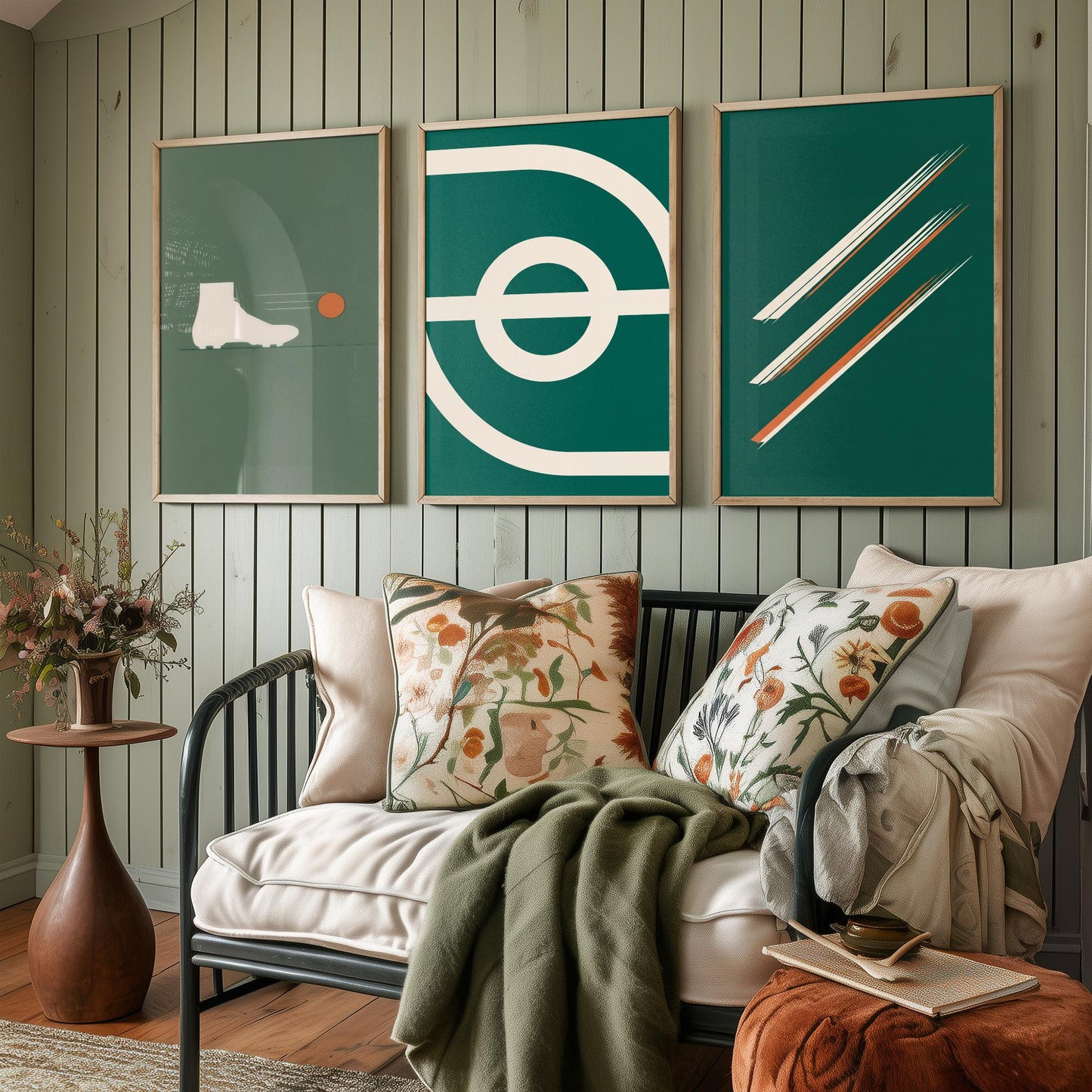 Football Abstract Set of Three Art Prints V2 - Minimalist Boot Stadium and Speed Line Illustrations - Green Orange Poster Decor Triptych