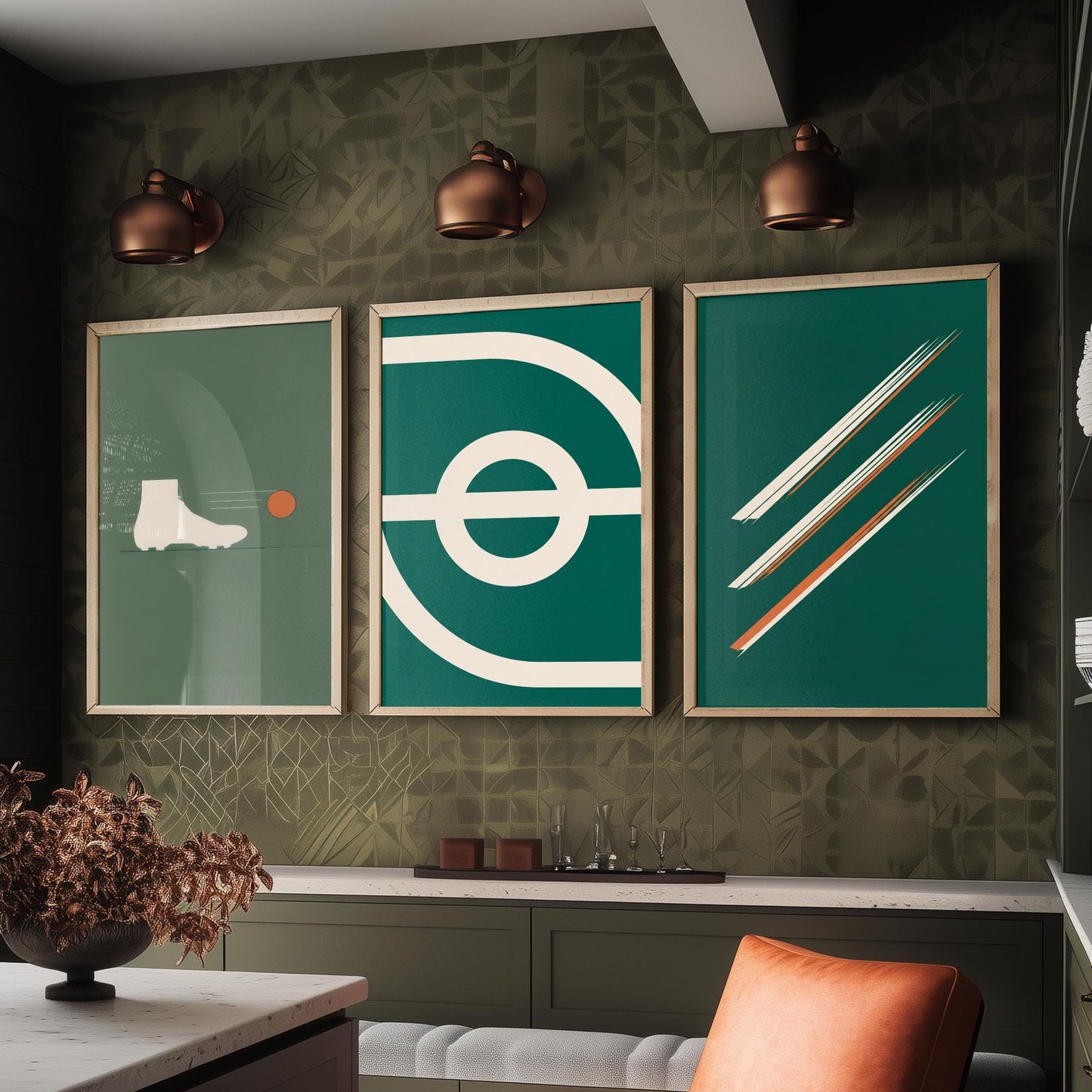 Football Abstract Set of Three Art Prints V2 - Minimalist Boot Stadium and Speed Line Illustrations - Green Orange Poster Decor Triptych