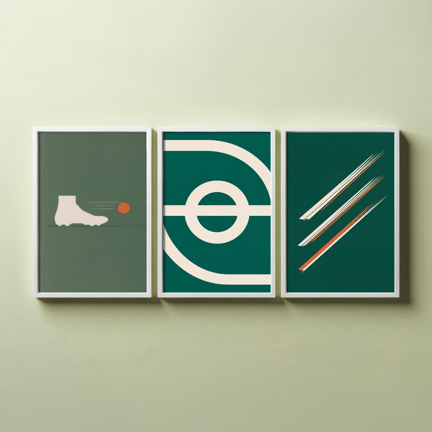 Football Abstract Set of Three Art Prints V2 - Minimalist Boot Stadium and Speed Line Illustrations - Green Orange Poster Decor Triptych