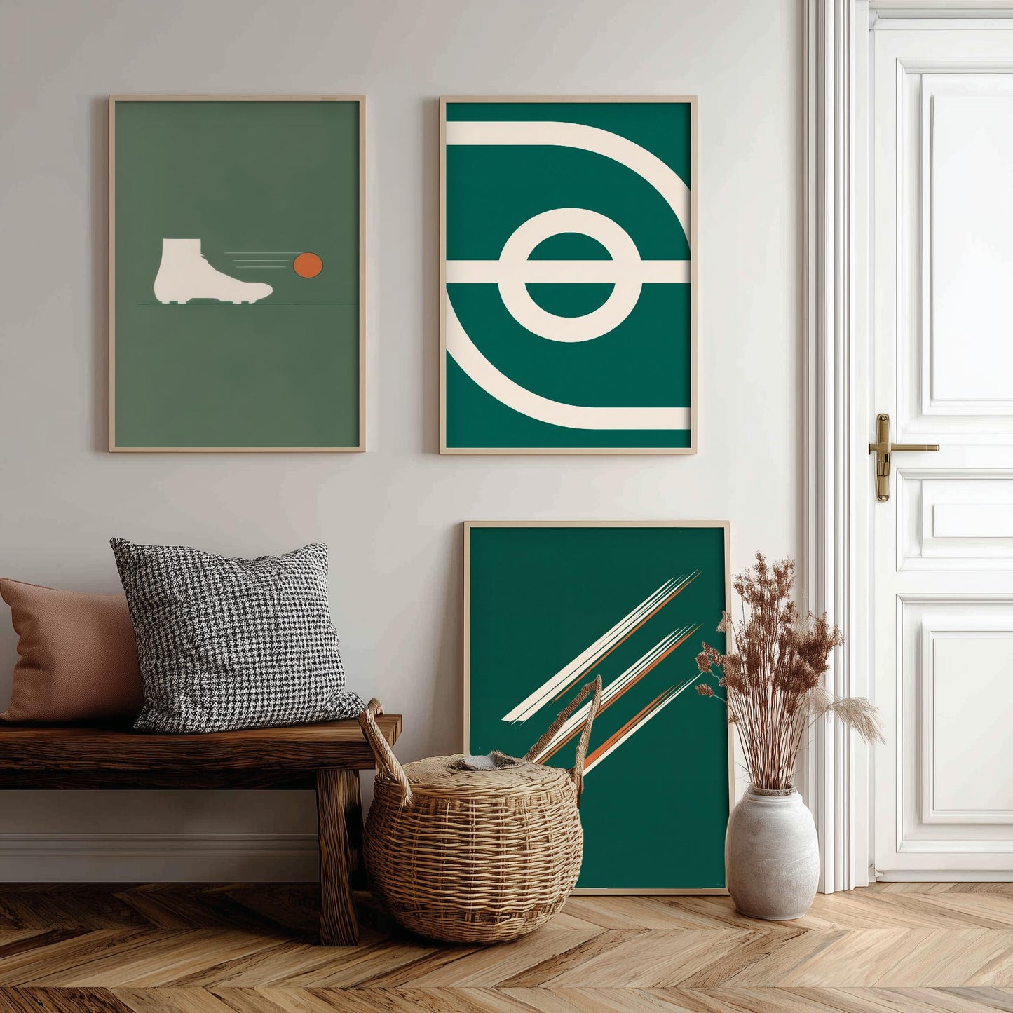 Football Abstract Set of Three Art Prints V2 - Minimalist Boot Stadium and Speed Line Illustrations - Green Orange Poster Decor Triptych