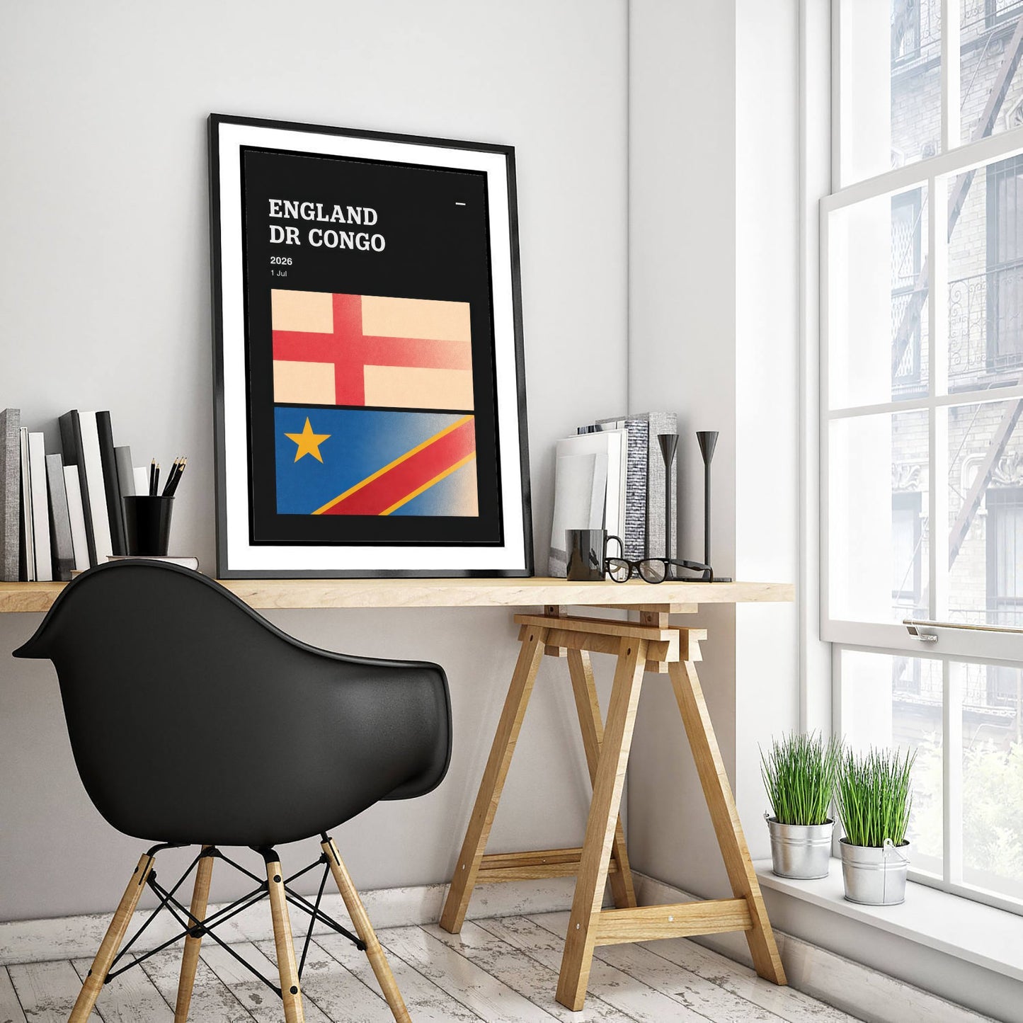 England vs DR Congo Art Print - 2026 Football Match Poster - Retro Soccer Flag Illustration