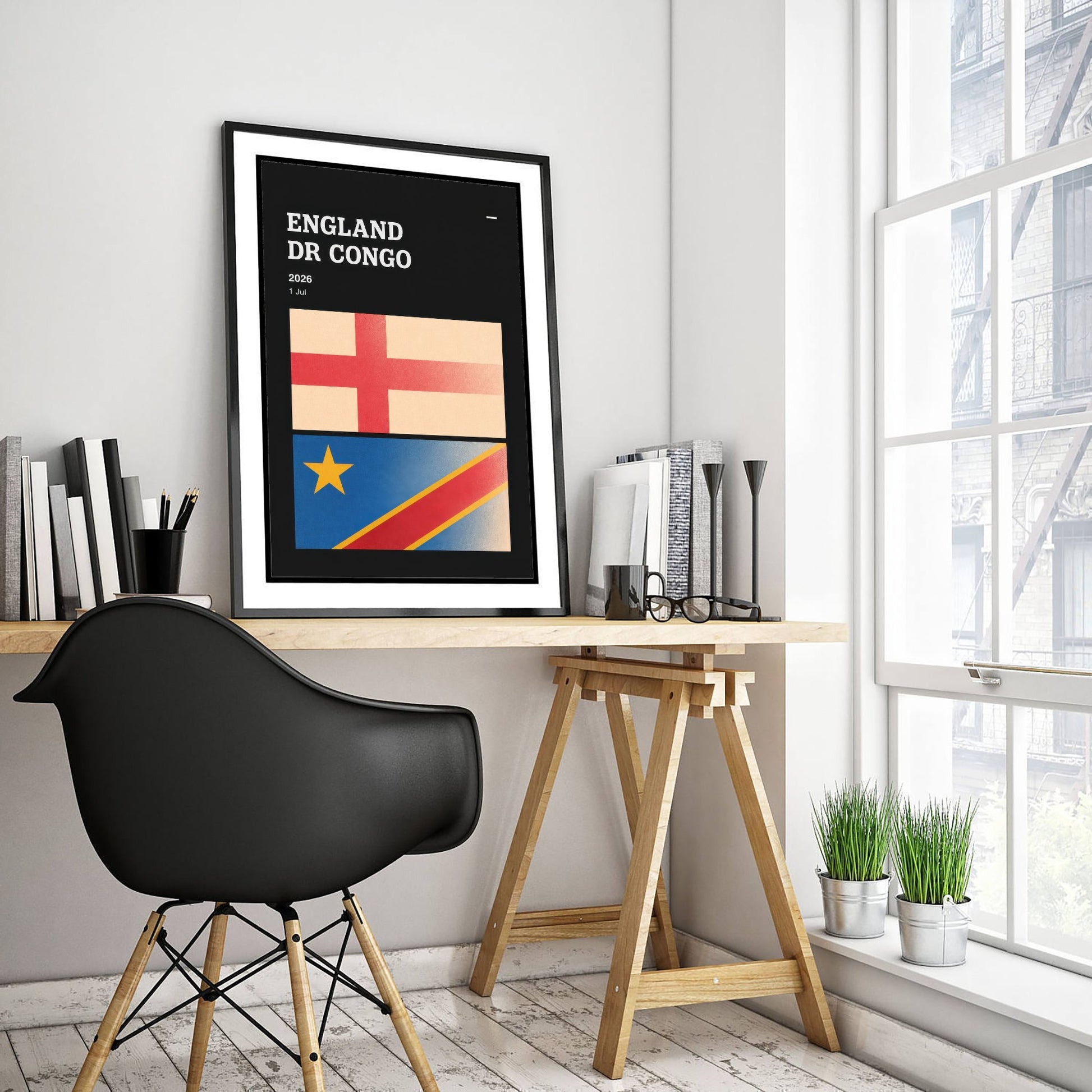 England vs DR Congo Art Print - 2026 Football Match Poster - Retro Soccer Flag Illustration