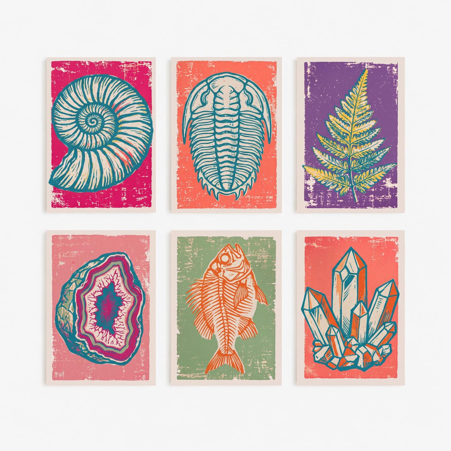 Set of Six Fossils and Minerals Art Prints - 6 Linocut Illustrations - Ammonite, Trilobite, Agate Geode, Fish Fossil, Crystals - Posters