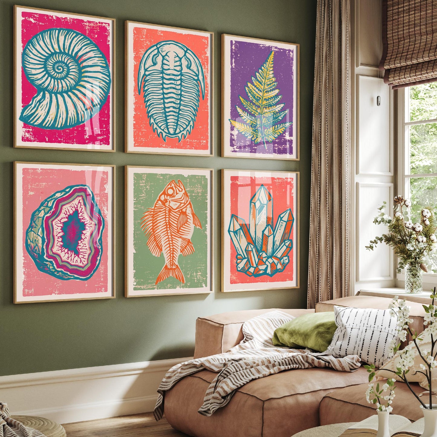 Set of Six Fossils and Minerals Art Prints - 6 Linocut Illustrations - Ammonite, Trilobite, Agate Geode, Fish Fossil, Crystals - Posters