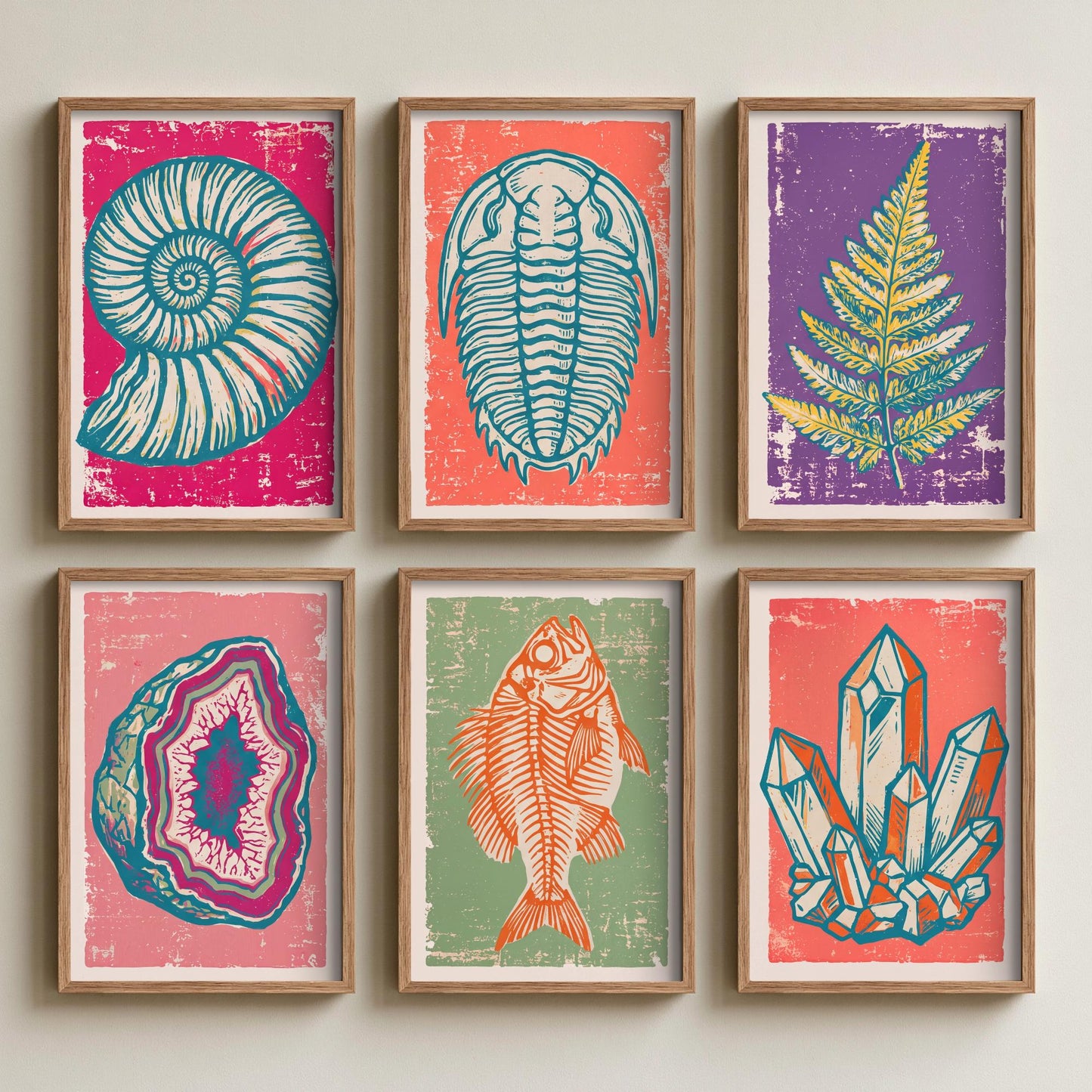 Set of Six Fossils and Minerals Art Prints - 6 Linocut Illustrations - Ammonite, Trilobite, Agate Geode, Fish Fossil, Crystals - Posters
