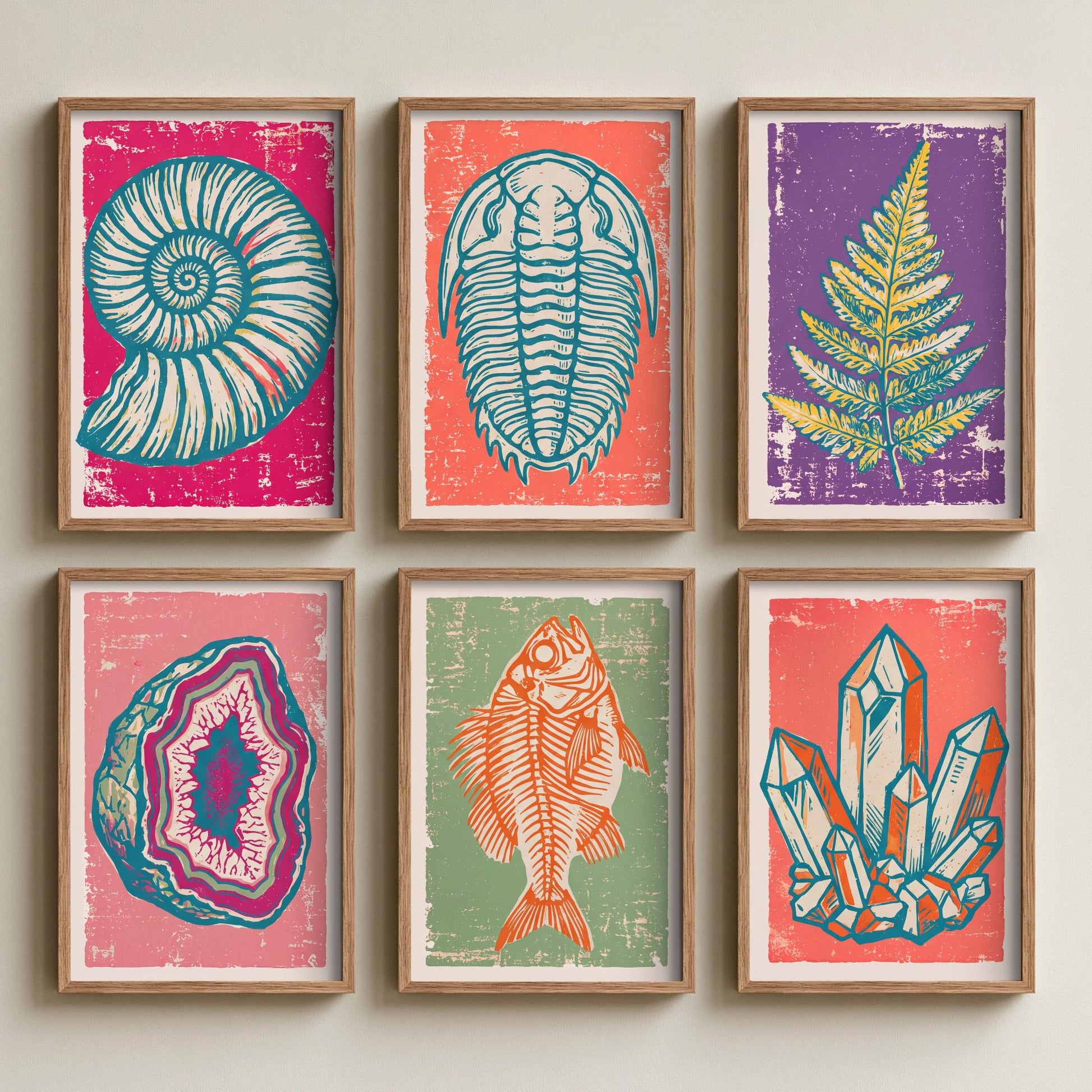 Set of Six Fossils and Minerals Art Prints - 6 Linocut Illustrations - Ammonite, Trilobite, Agate Geode, Fish Fossil, Crystals - Posters