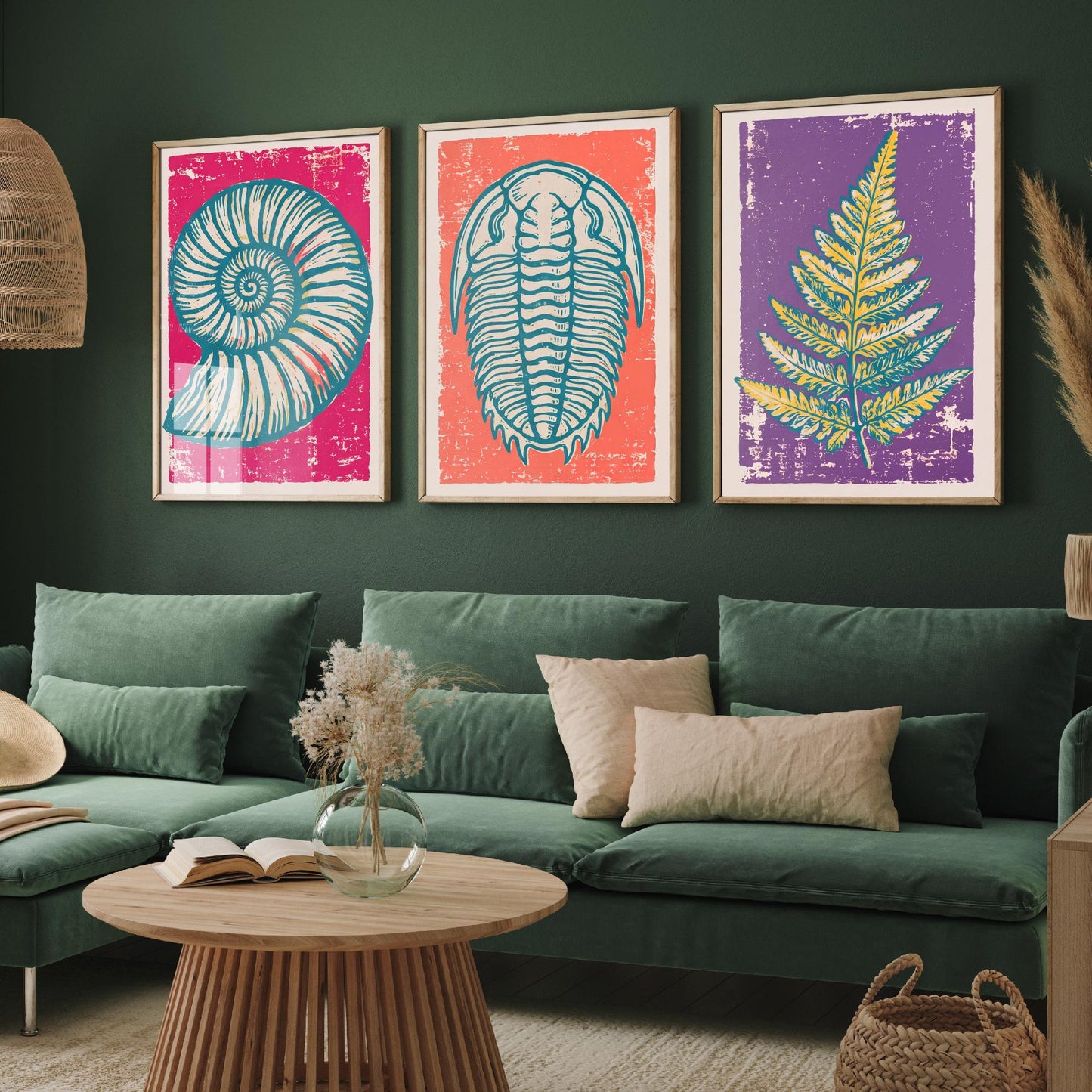 Set of Three Fossils and Minerals Art Prints - Ammonite, Trilobite & Fern Fossil - Linocut Style Illustrations - Geology Posters V1