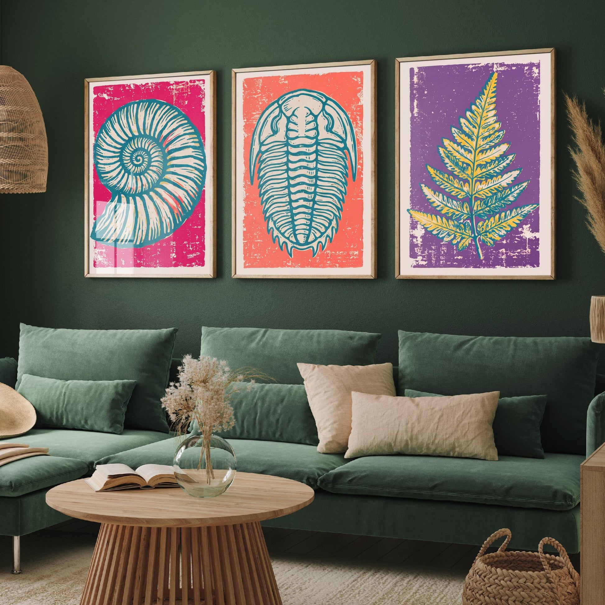 Set of Three Fossils and Minerals Art Prints - Ammonite, Trilobite & Fern Fossil - Linocut Style Illustrations - Geology Posters V1