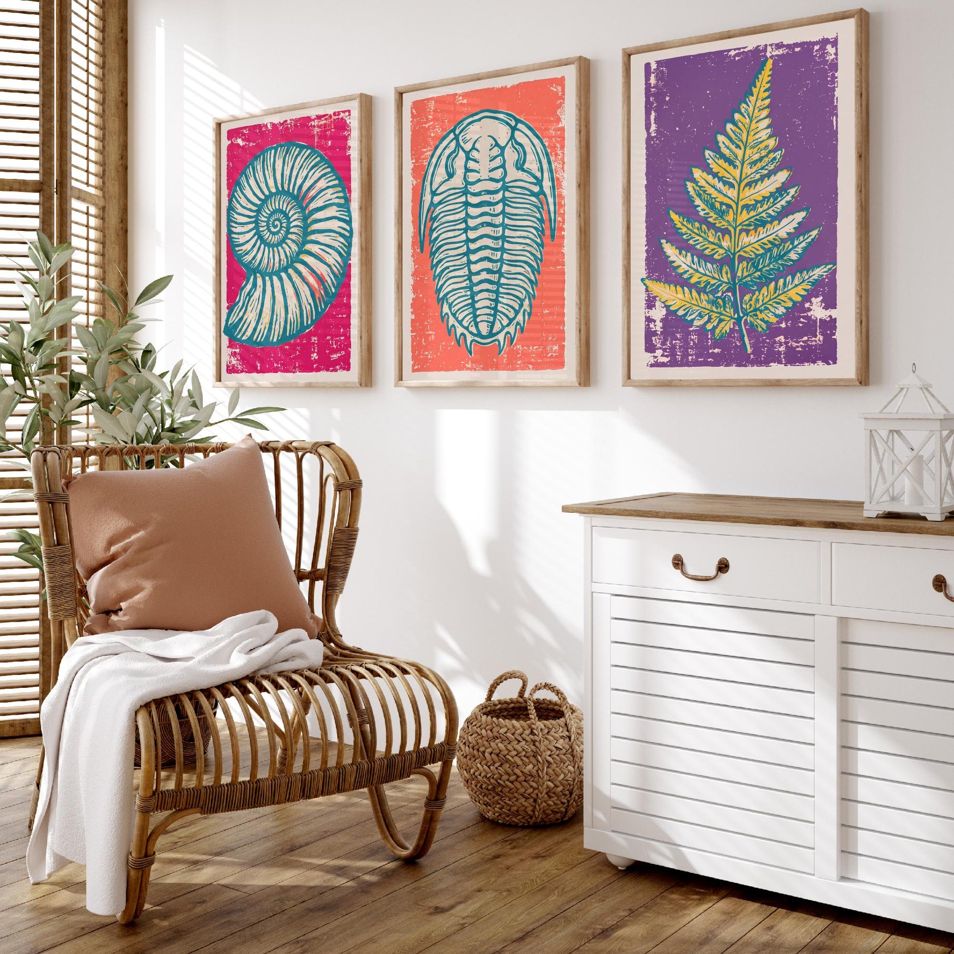 Set of Three Fossils and Minerals Art Prints - Ammonite, Trilobite & Fern Fossil - Linocut Style Illustrations - Geology Posters V1