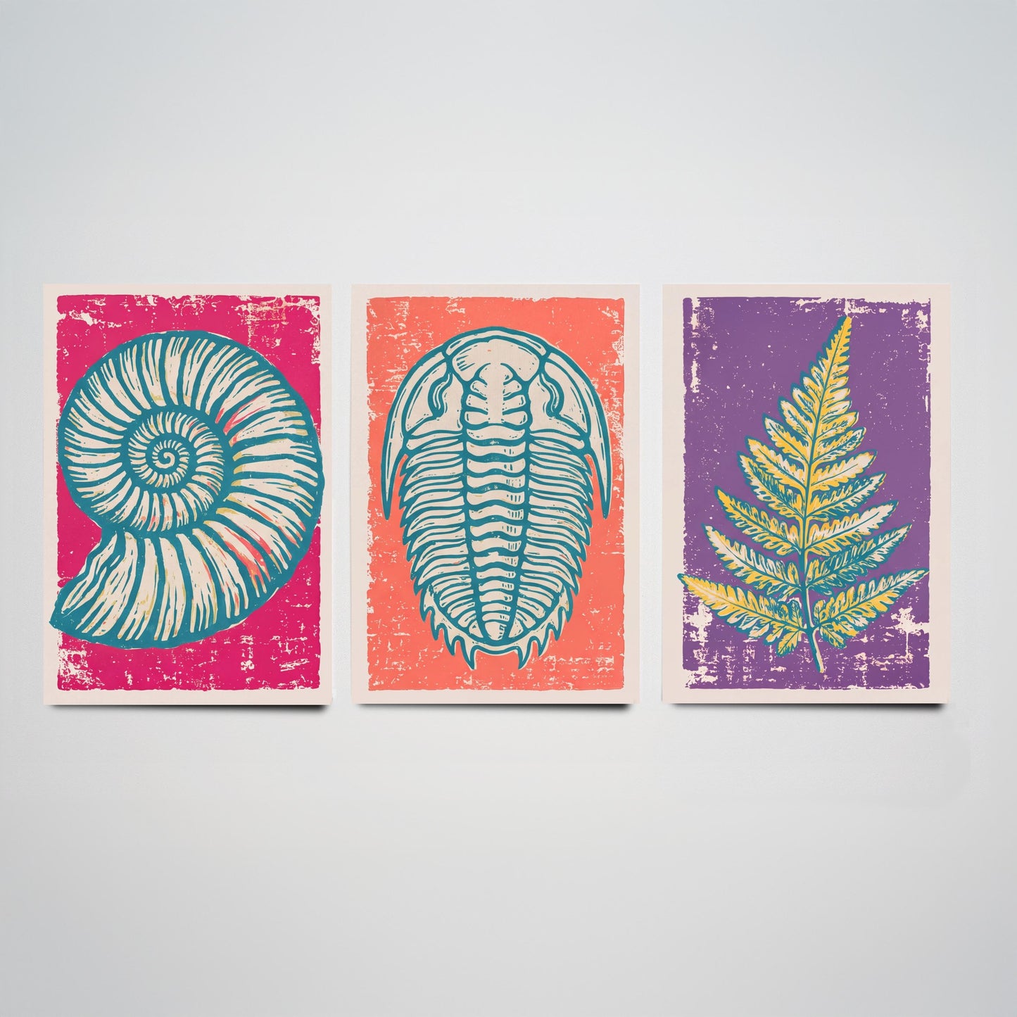 Set of Three Fossils and Minerals Art Prints - Ammonite, Trilobite & Fern Fossil - Linocut Style Illustrations - Geology Posters V1