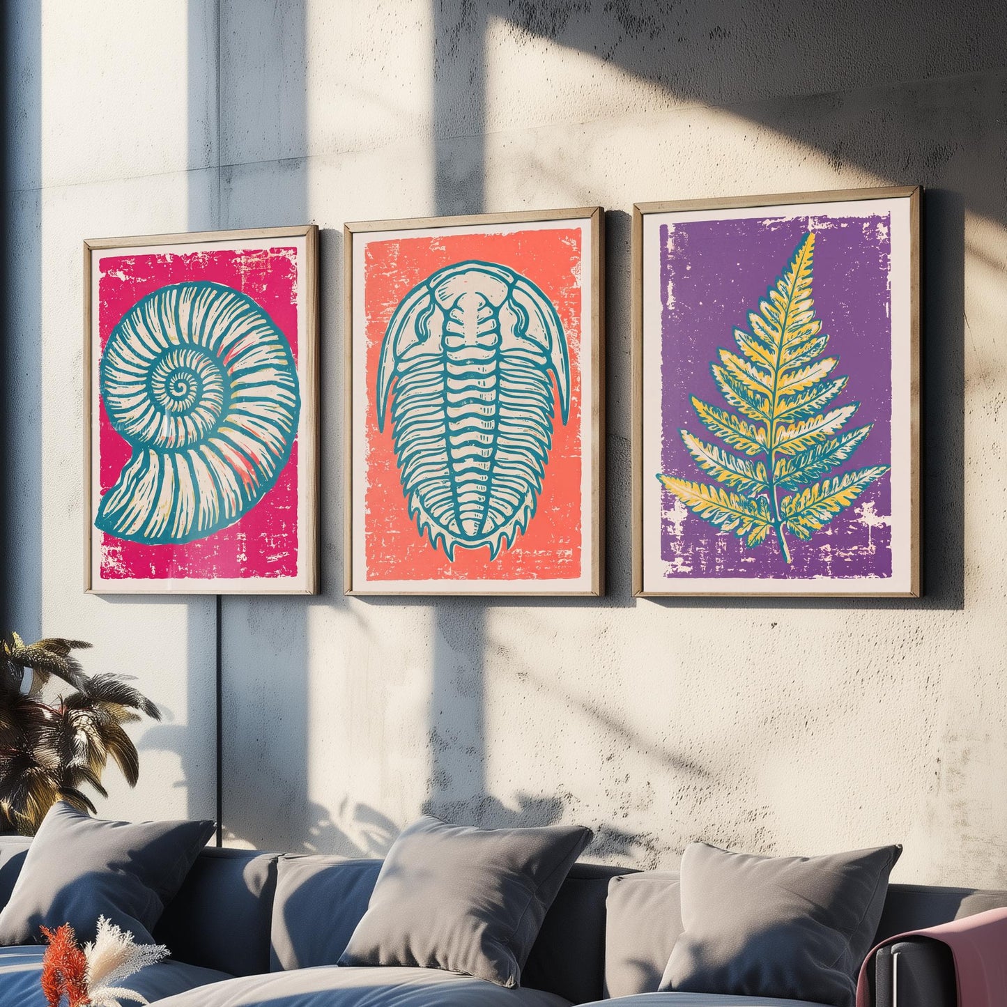 Set of Three Fossils and Minerals Art Prints - Ammonite, Trilobite & Fern Fossil - Linocut Style Illustrations - Geology Posters V1