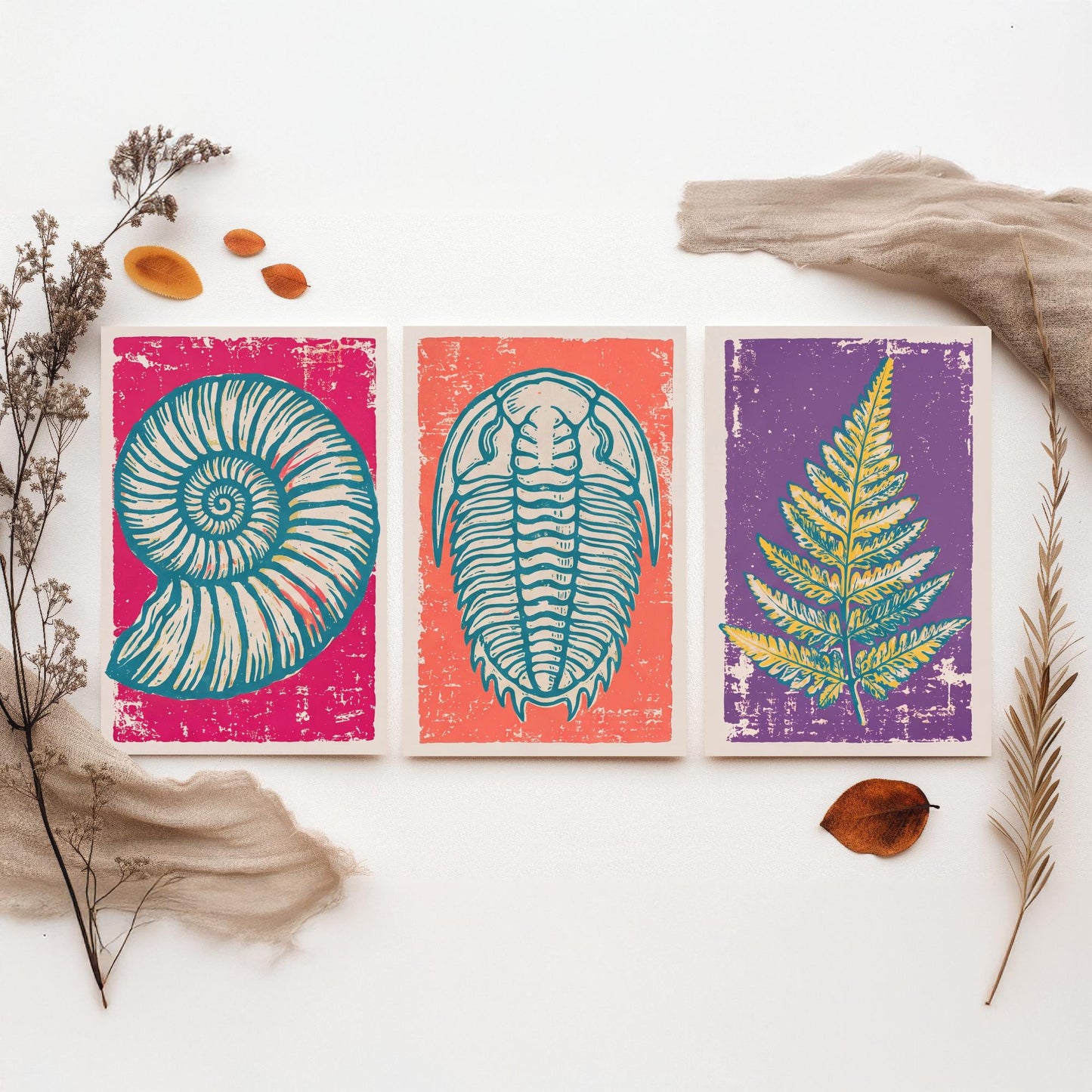 Set of Three Fossils and Minerals Art Prints - Ammonite, Trilobite & Fern Fossil - Linocut Style Illustrations - Geology Posters V1