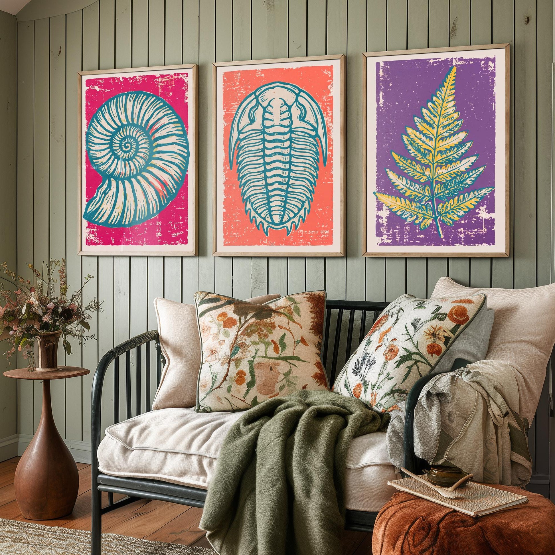 Set of Three Fossils and Minerals Art Prints - Ammonite, Trilobite & Fern Fossil - Linocut Style Illustrations - Geology Posters V1