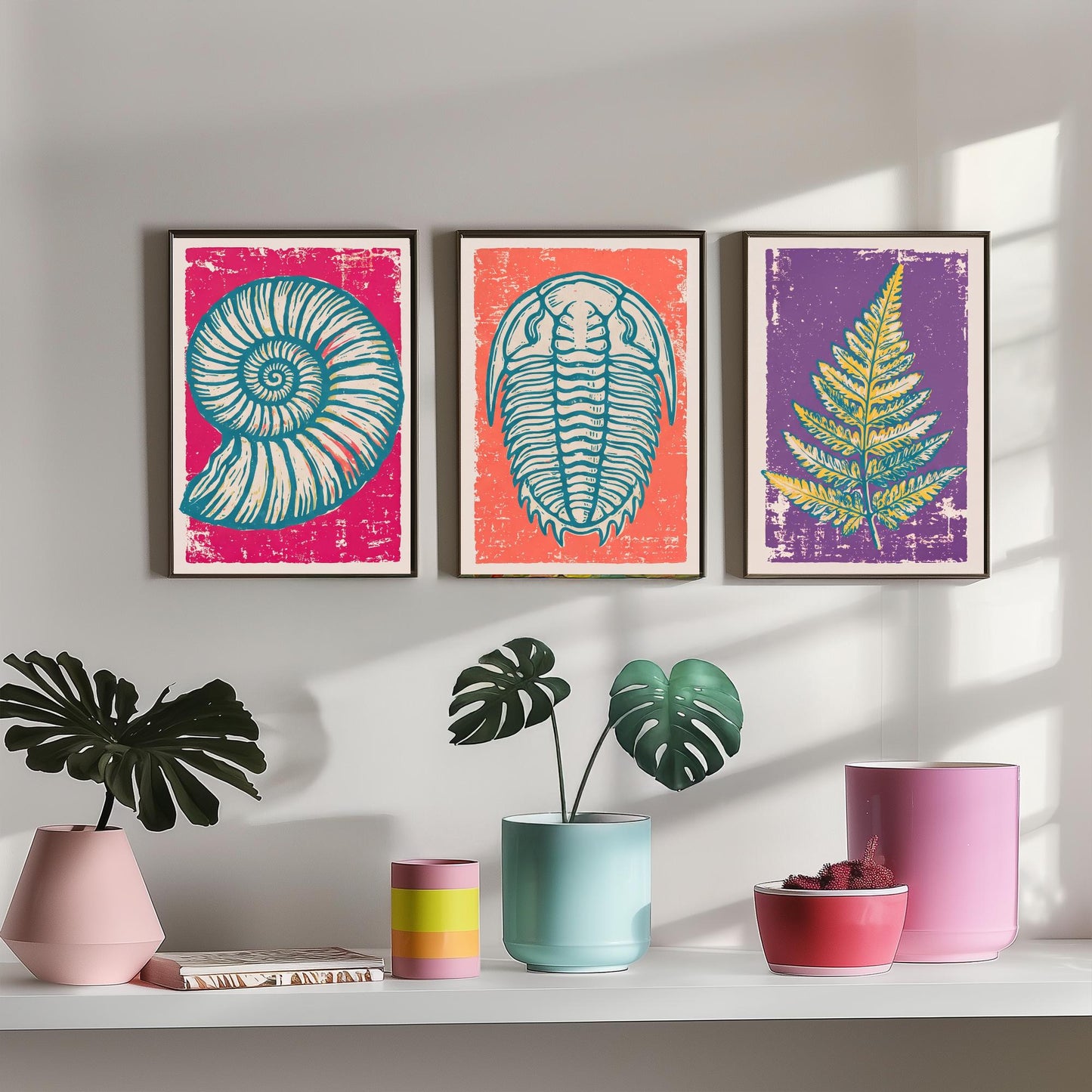 Set of Three Fossils and Minerals Art Prints - Ammonite, Trilobite & Fern Fossil - Linocut Style Illustrations - Geology Posters V1