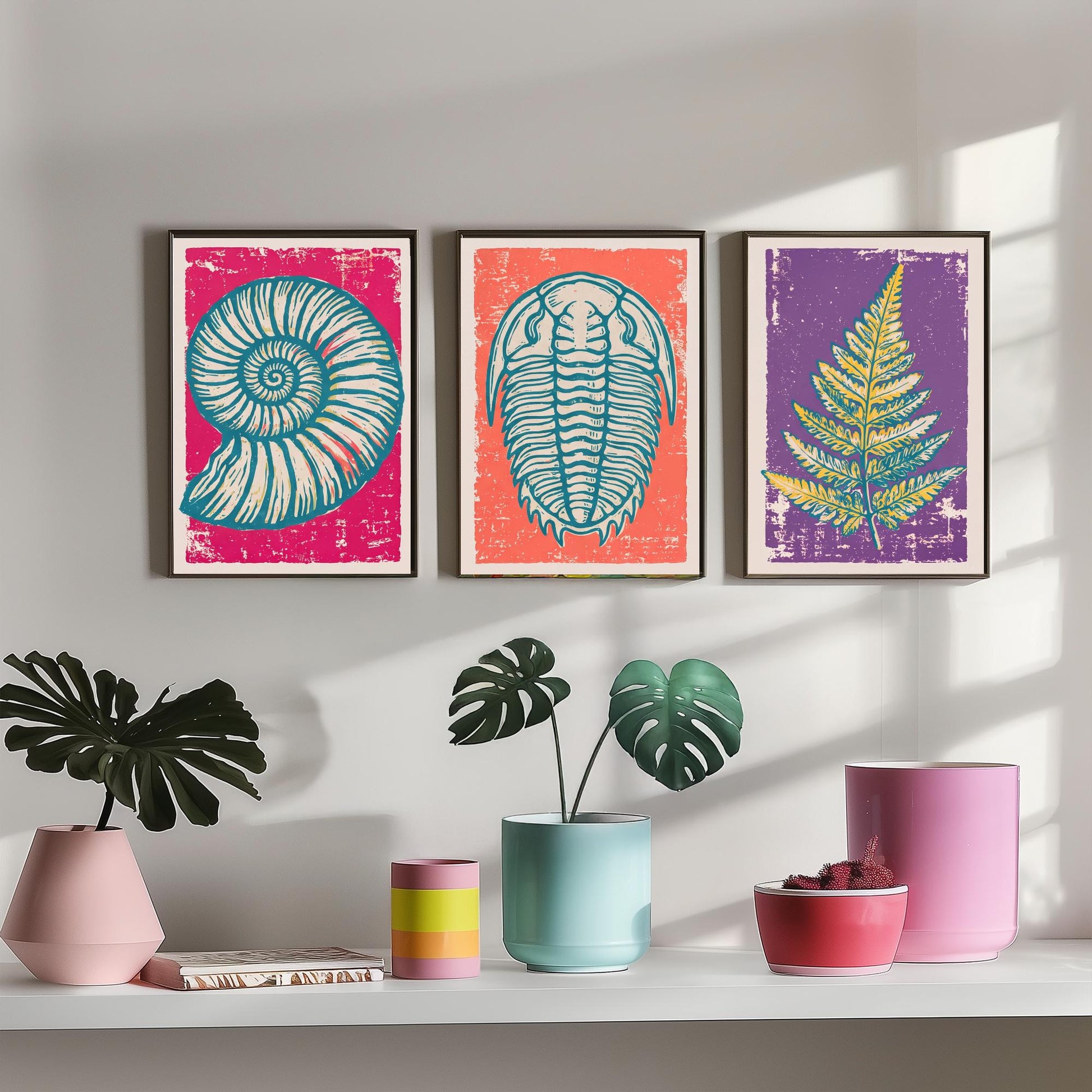 Set of Three Fossils and Minerals Art Prints - Ammonite, Trilobite & Fern Fossil - Linocut Style Illustrations - Geology Posters V1
