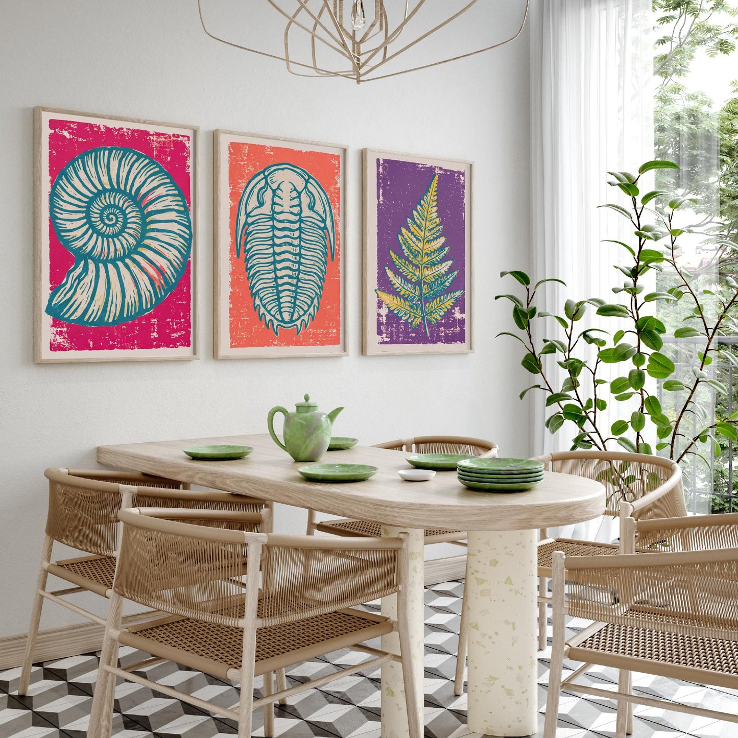 Set of Three Fossils and Minerals Art Prints - Ammonite, Trilobite & Fern Fossil - Linocut Style Illustrations - Geology Posters V1