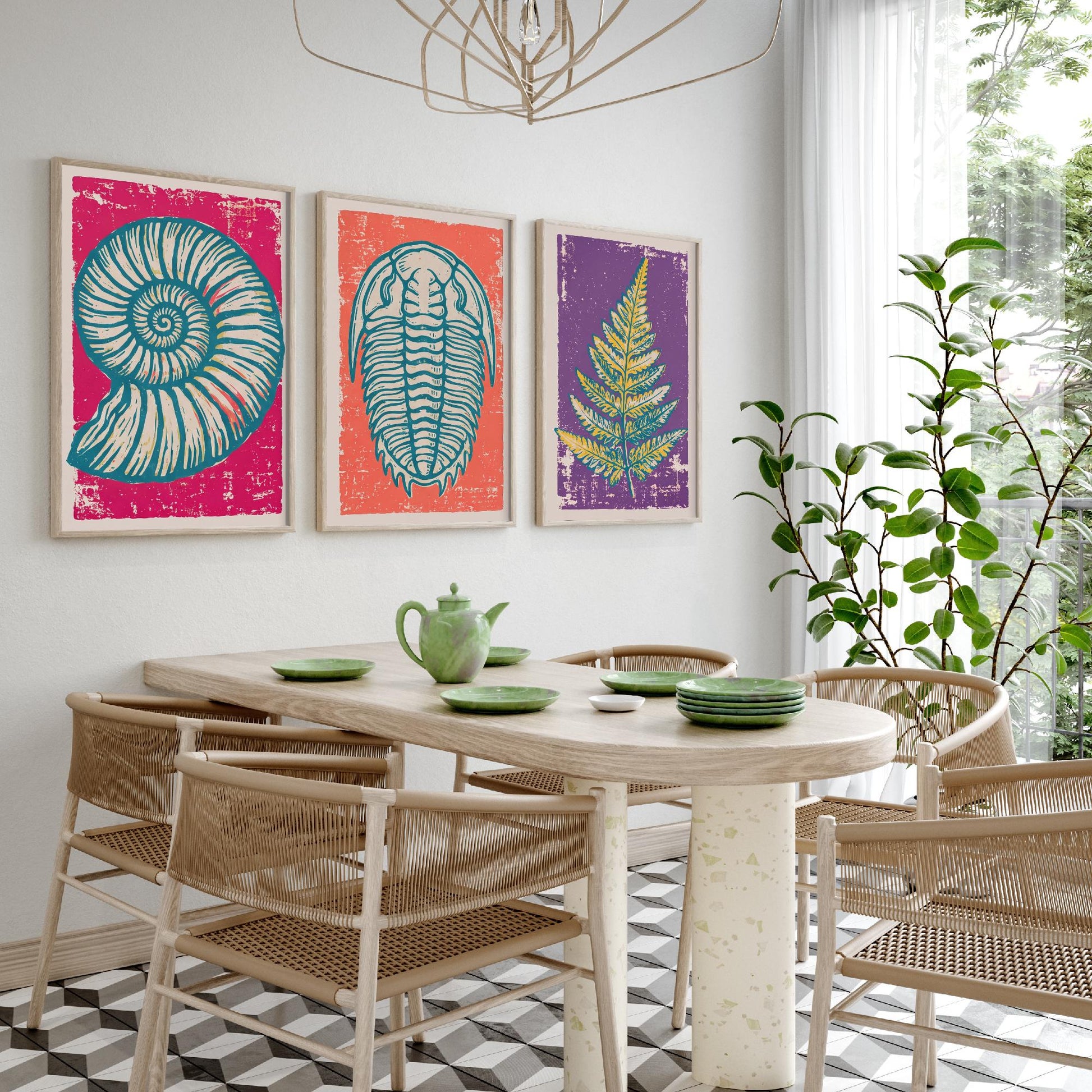 Set of Three Fossils and Minerals Art Prints - Ammonite, Trilobite & Fern Fossil - Linocut Style Illustrations - Geology Posters V1
