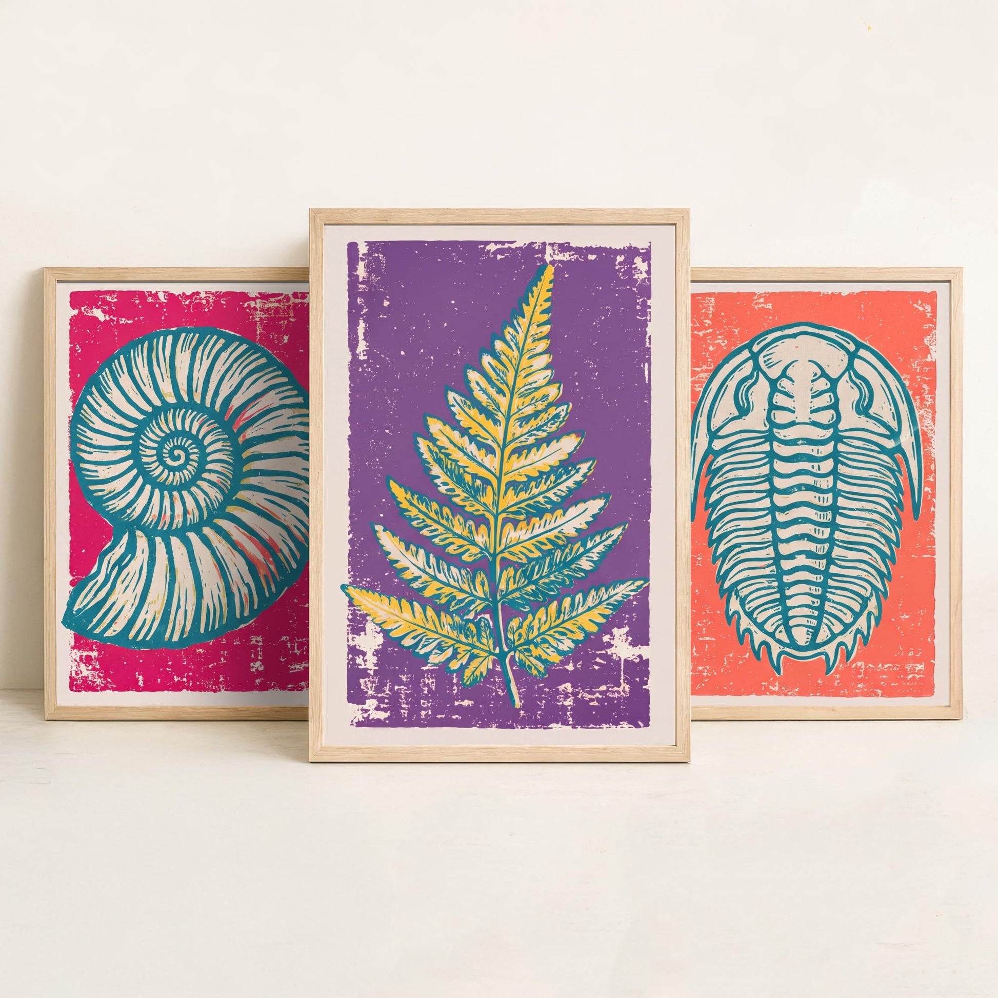 Set of Three Fossils and Minerals Art Prints - Ammonite, Trilobite & Fern Fossil - Linocut Style Illustrations - Geology Posters V1