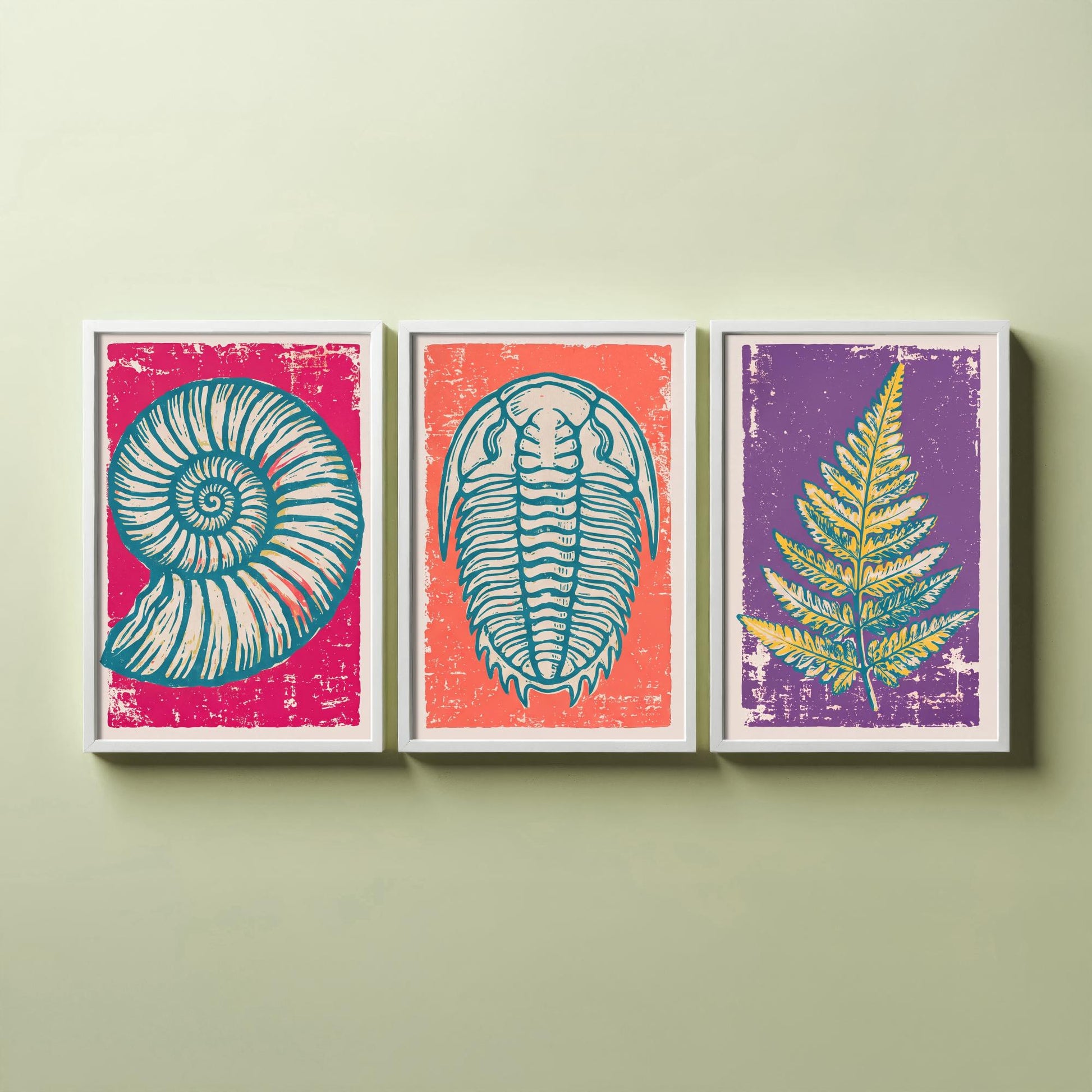 Set of Three Fossils and Minerals Art Prints - Ammonite, Trilobite & Fern Fossil - Linocut Style Illustrations - Geology Posters V1