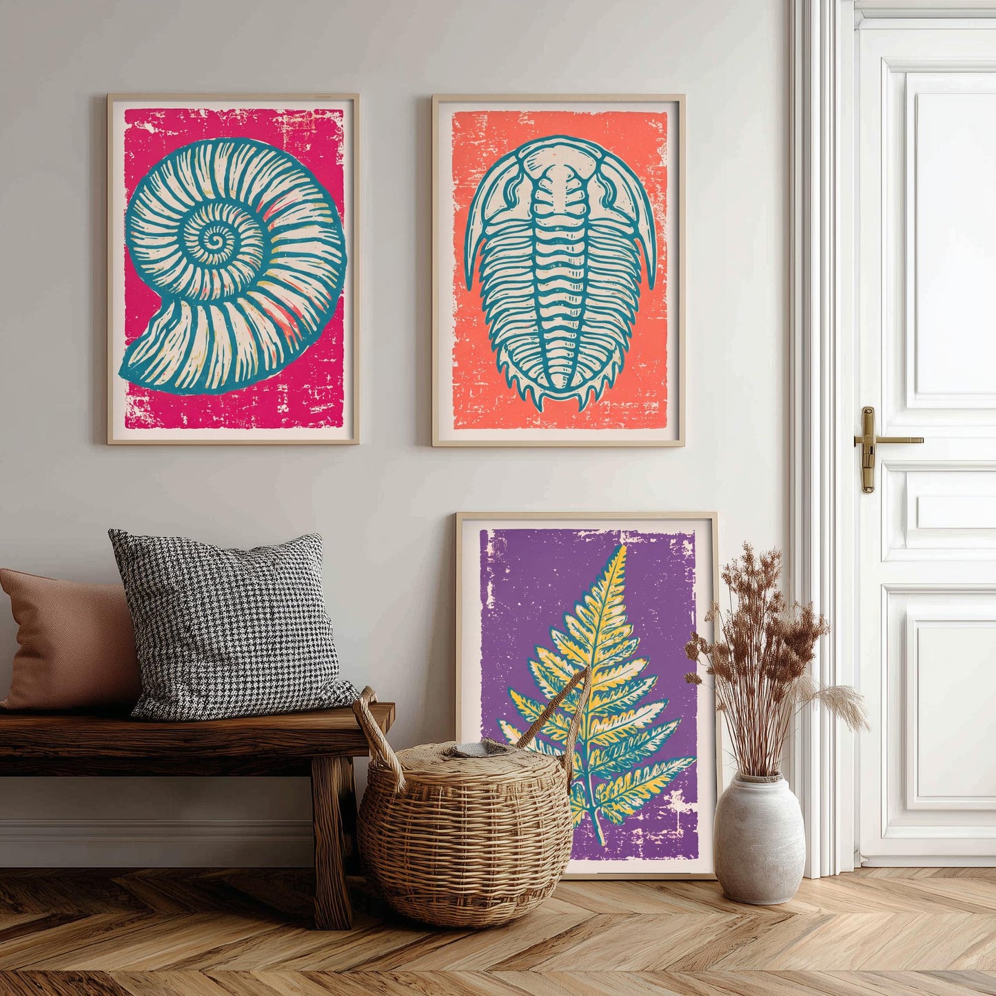 Set of Three Fossils and Minerals Art Prints - Ammonite, Trilobite & Fern Fossil - Linocut Style Illustrations - Geology Posters V1