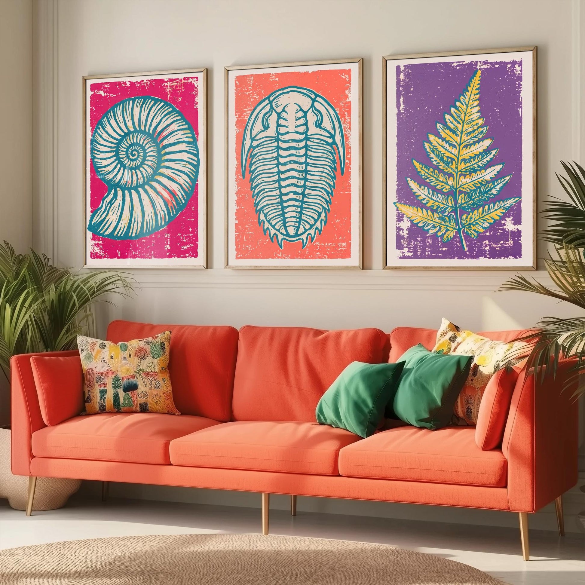 Set of Three Fossils and Minerals Art Prints - Ammonite, Trilobite & Fern Fossil - Linocut Style Illustrations - Geology Posters V1