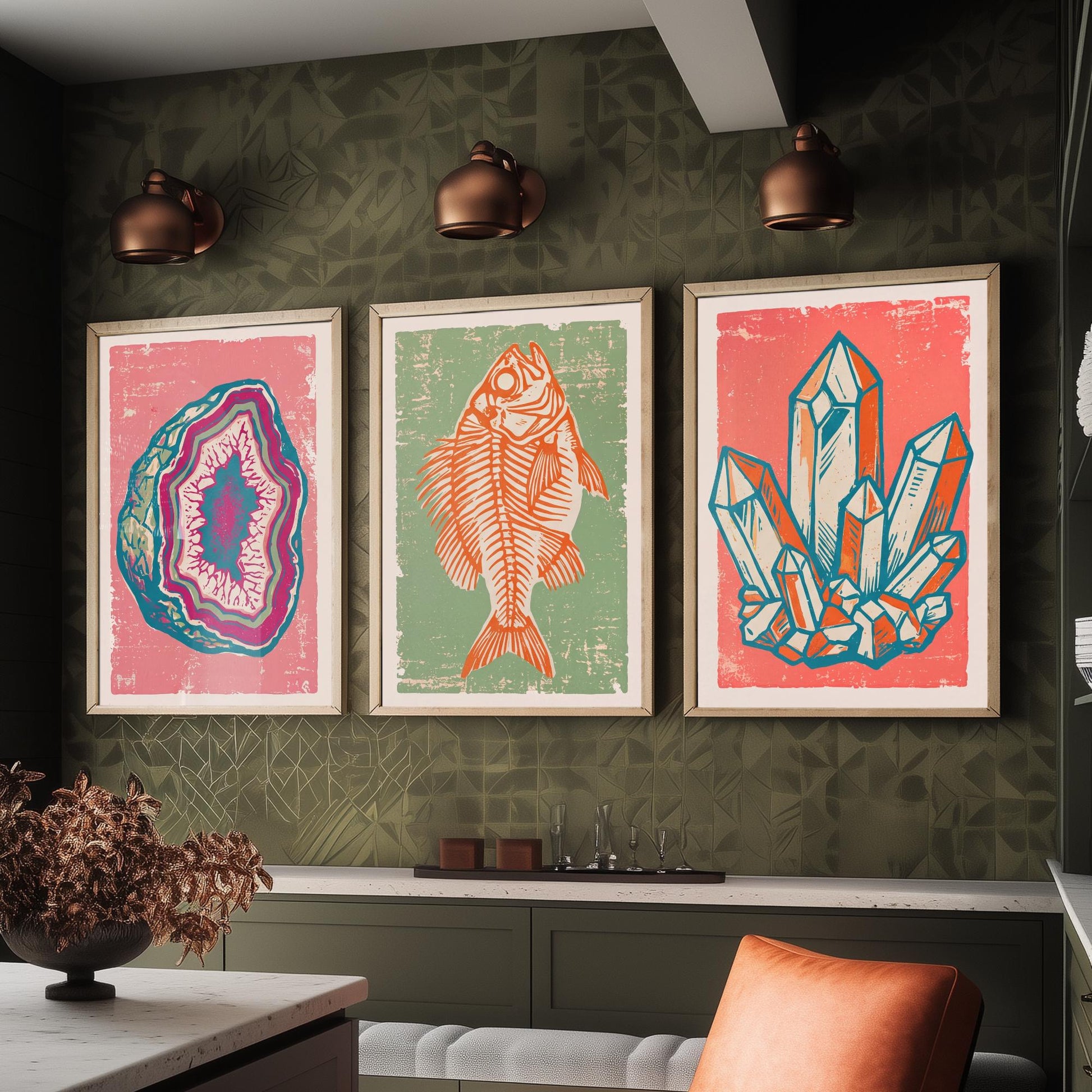 Set of Three Fossils and Minerals Art Prints - Agate Geode, Fish Fossil & Quartz Crystals - Linocut Style Illustrations - Posters V2