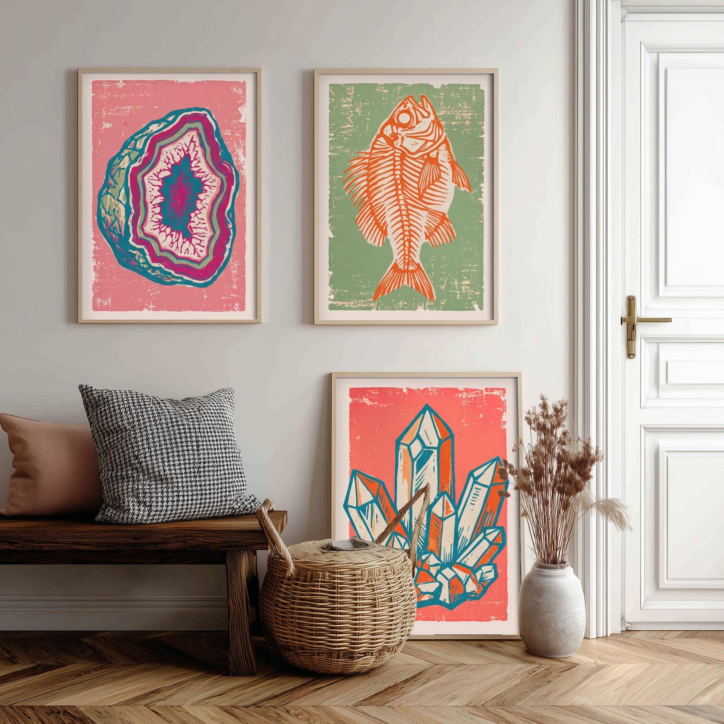 Set of Three Fossils and Minerals Art Prints - Agate Geode, Fish Fossil & Quartz Crystals - Linocut Style Illustrations - Posters V2
