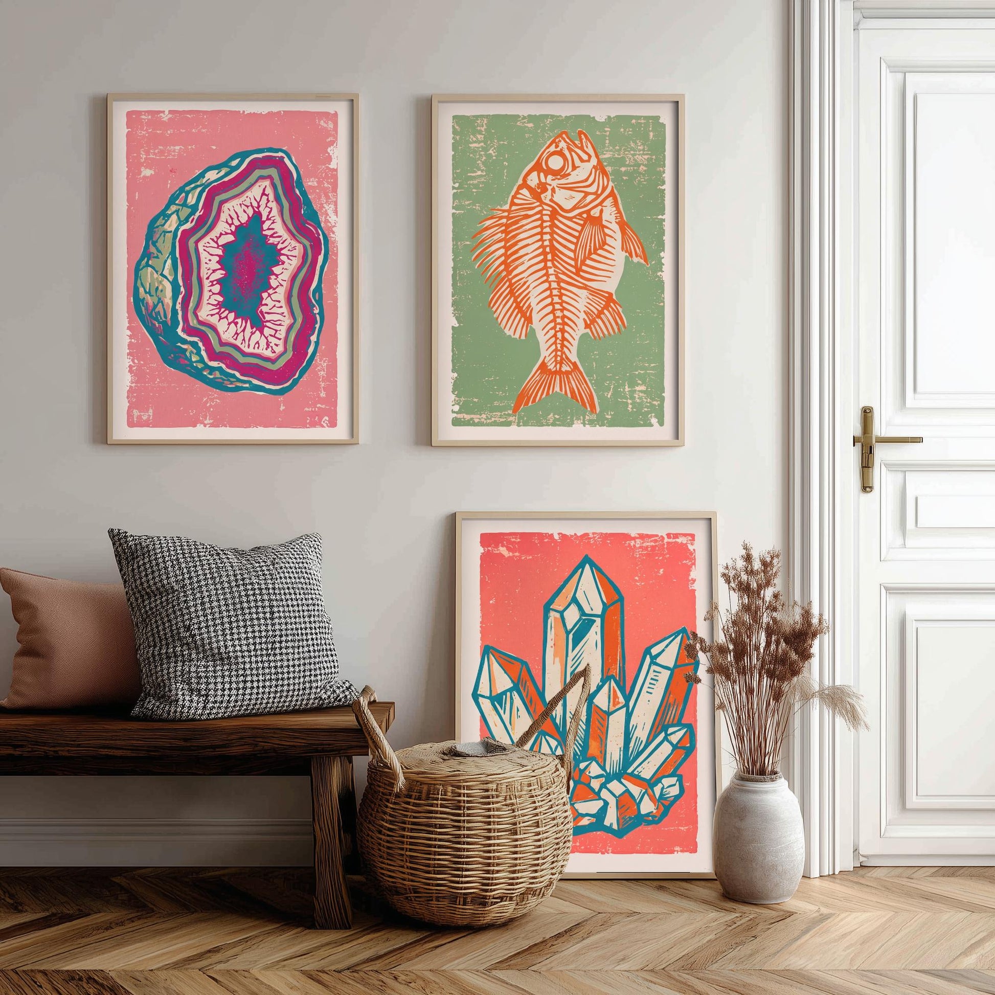 Set of Three Fossils and Minerals Art Prints - Agate Geode, Fish Fossil & Quartz Crystals - Linocut Style Illustrations - Posters V2