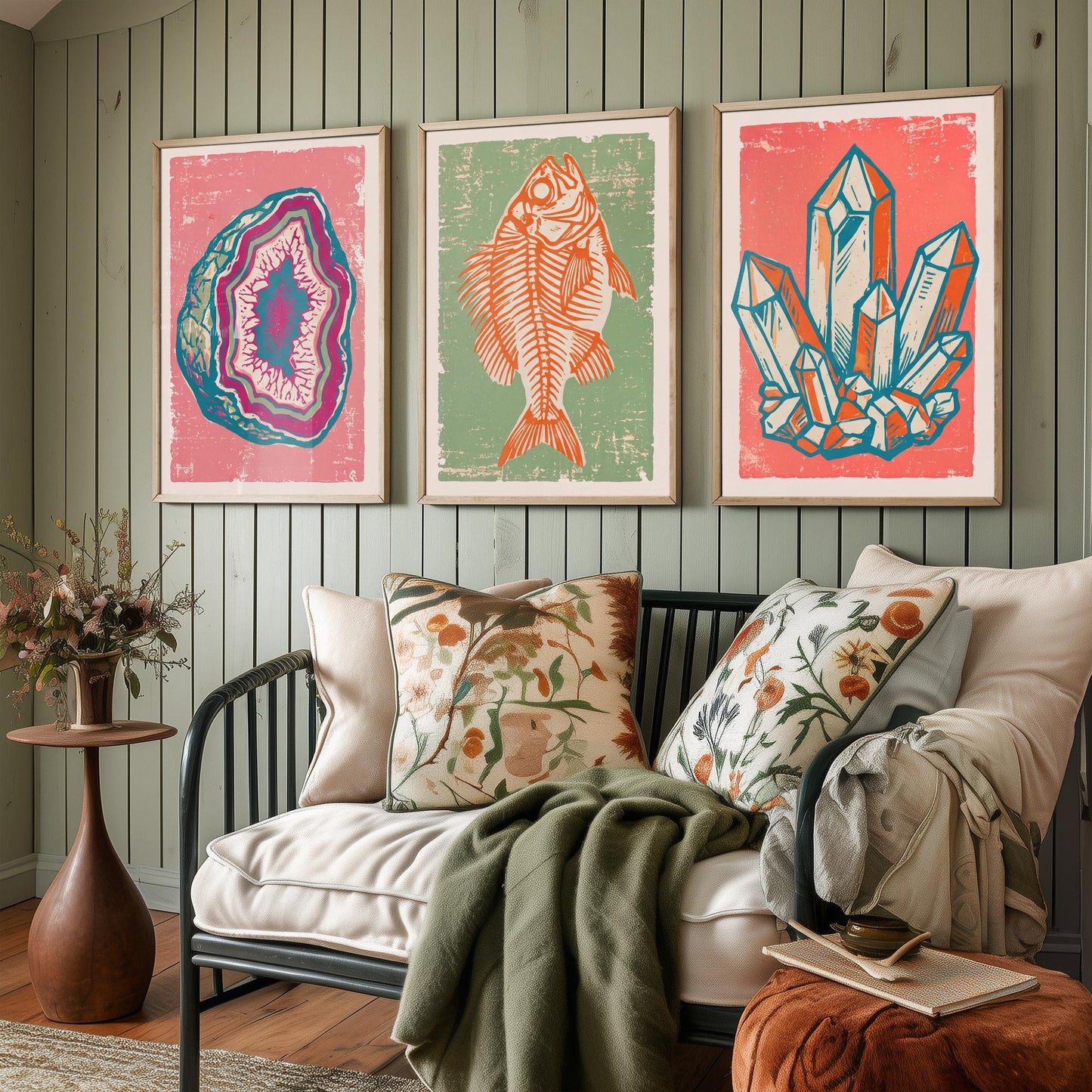 Set of Three Fossils and Minerals Art Prints - Agate Geode, Fish Fossil & Quartz Crystals - Linocut Style Illustrations - Posters V2