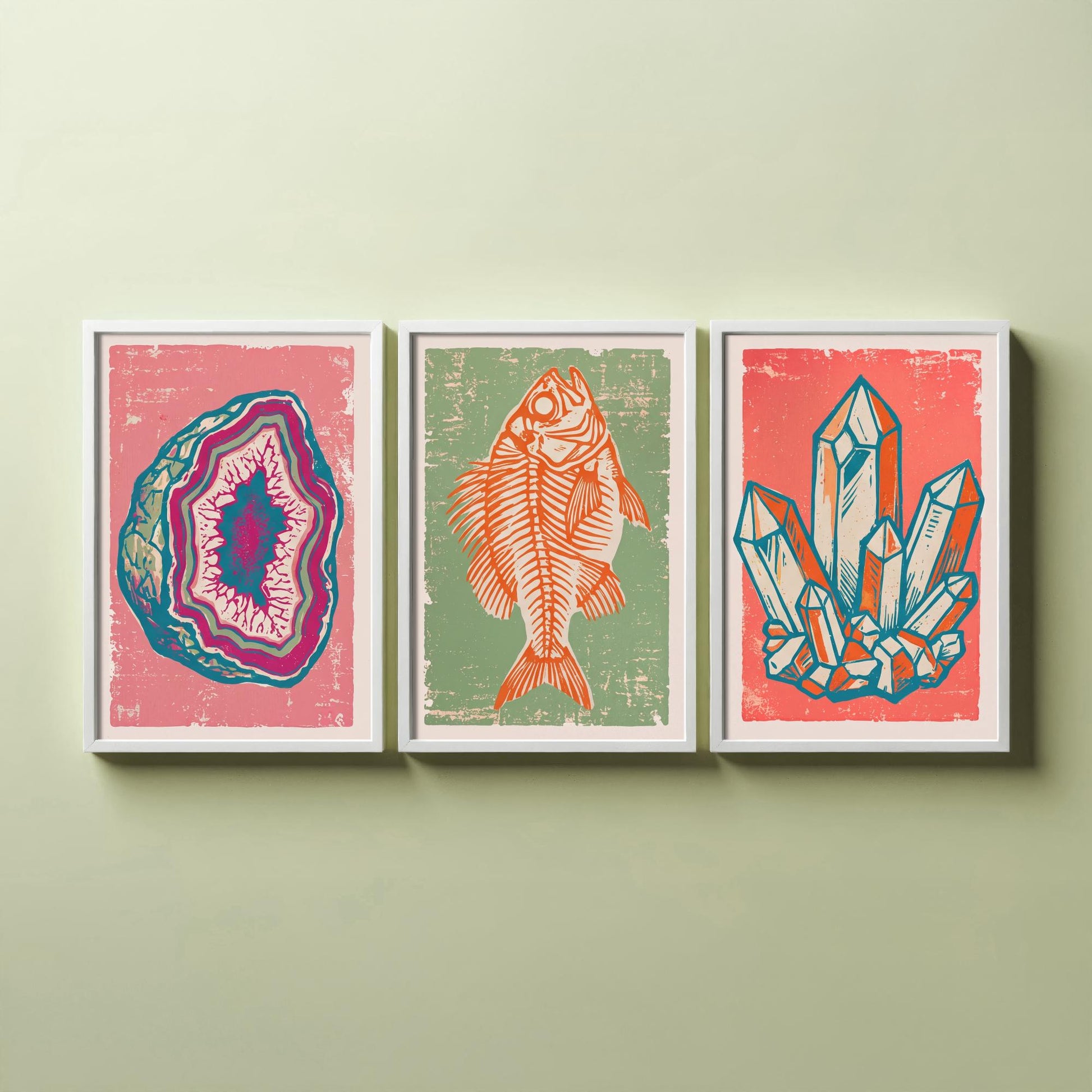 Set of Three Fossils and Minerals Art Prints - Agate Geode, Fish Fossil & Quartz Crystals - Linocut Style Illustrations - Posters V2