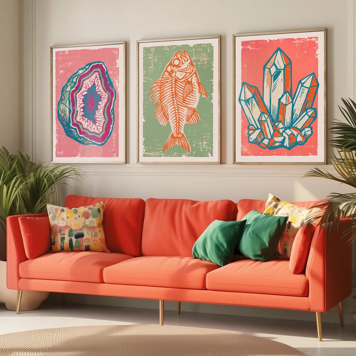 Set of Three Fossils and Minerals Art Prints - Agate Geode, Fish Fossil & Quartz Crystals - Linocut Style Illustrations - Posters V2