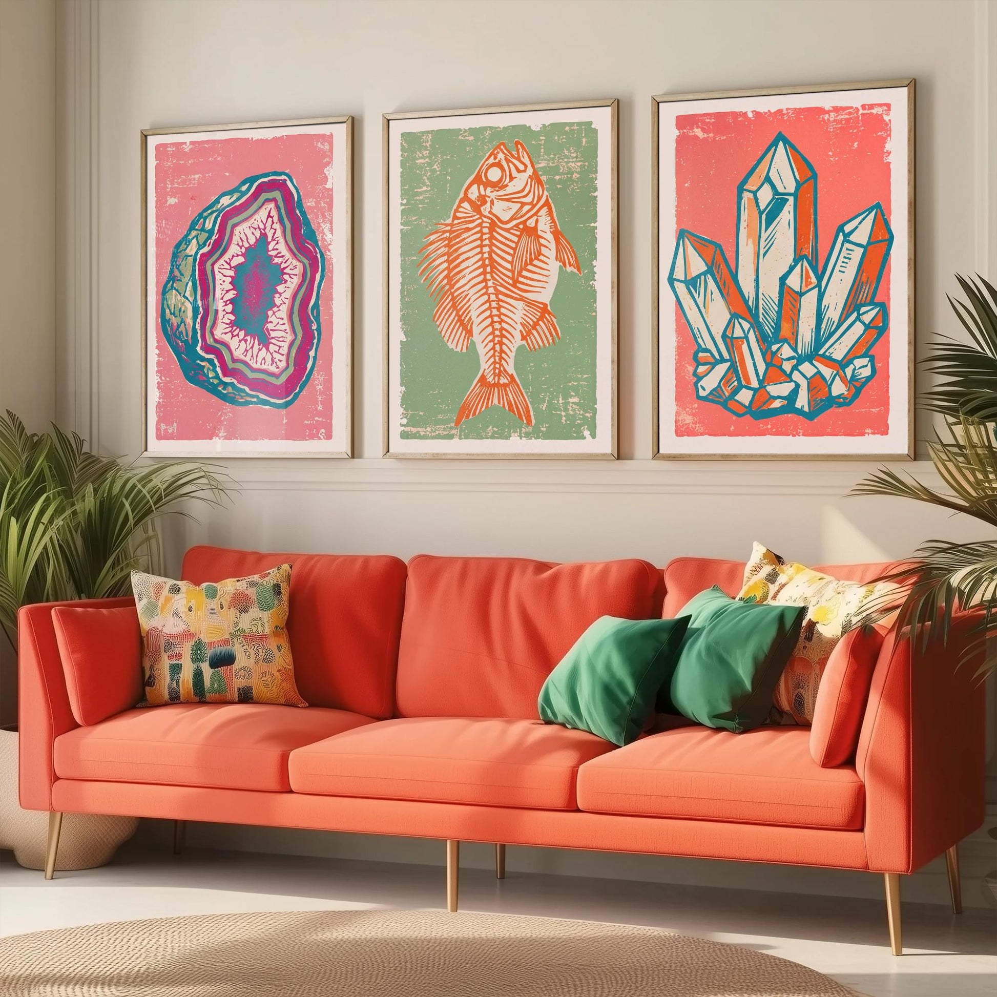 Set of Three Fossils and Minerals Art Prints - Agate Geode, Fish Fossil & Quartz Crystals - Linocut Style Illustrations - Posters V2