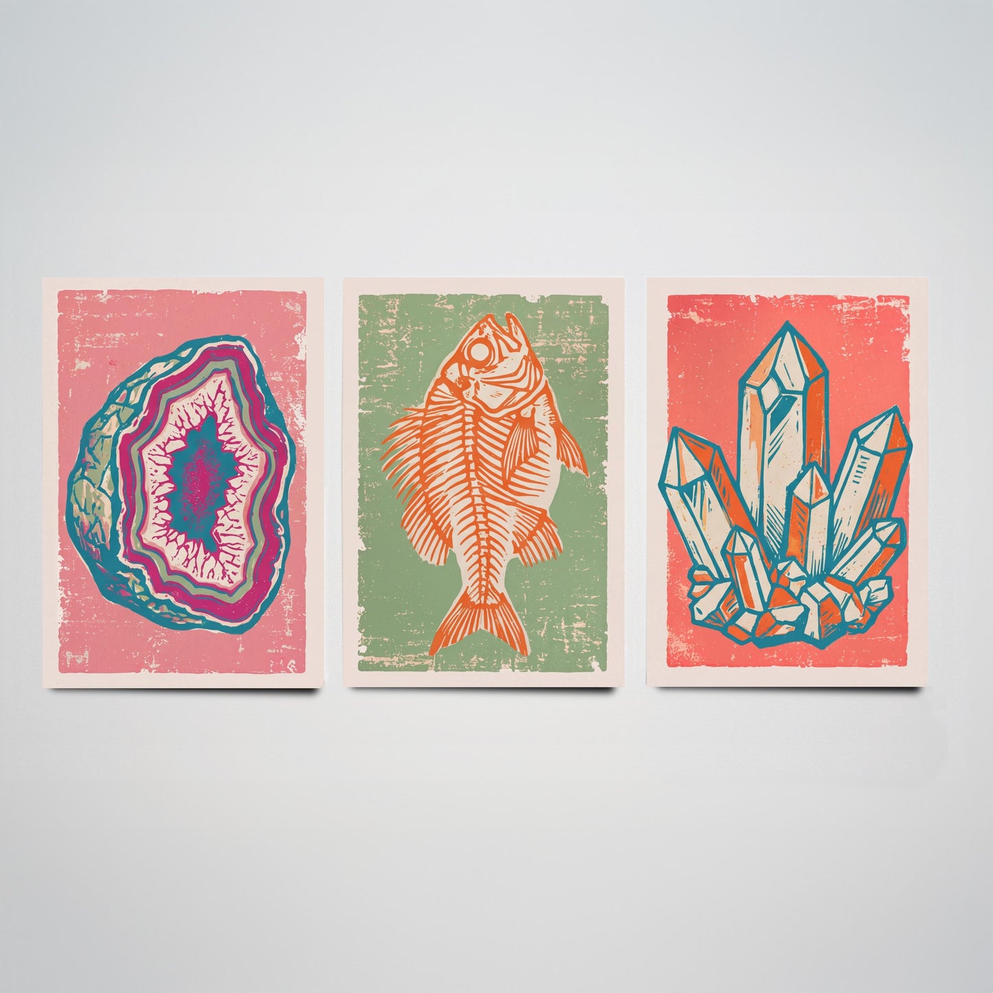 Set of Three Fossils and Minerals Art Prints - Agate Geode, Fish Fossil & Quartz Crystals - Linocut Style Illustrations - Posters V2