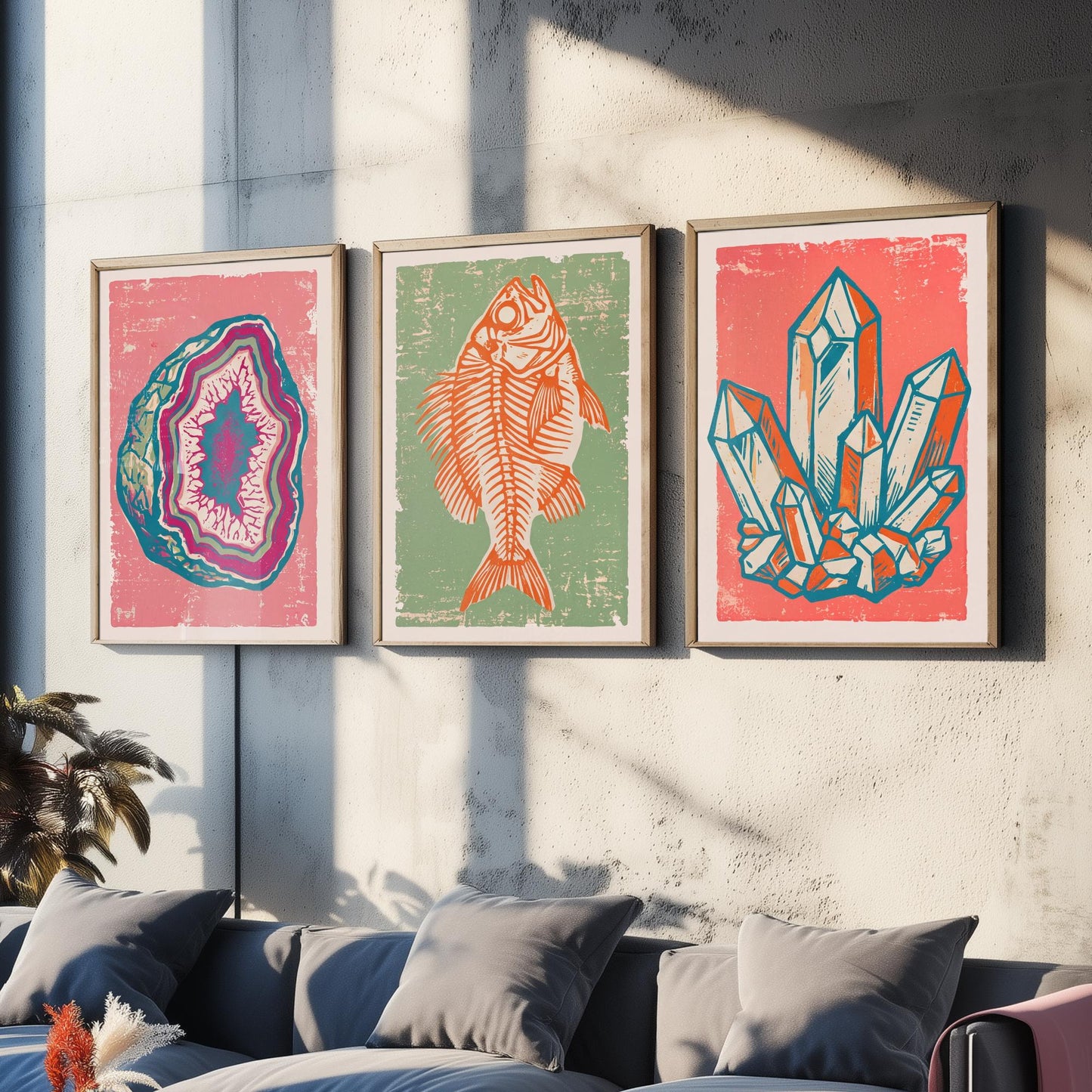 Set of Three Fossils and Minerals Art Prints - Agate Geode, Fish Fossil & Quartz Crystals - Linocut Style Illustrations - Posters V2