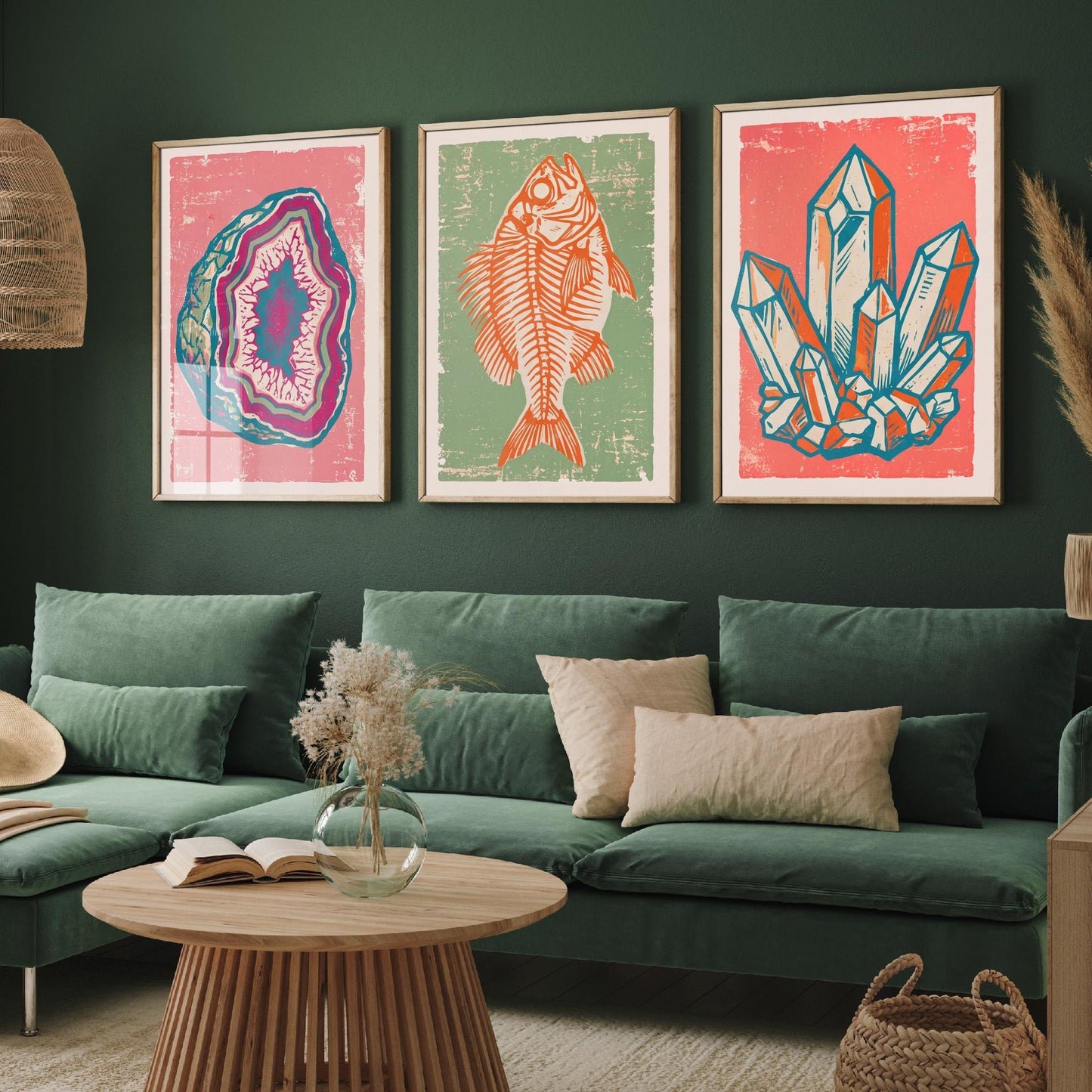 Set of Three Fossils and Minerals Art Prints - Agate Geode, Fish Fossil & Quartz Crystals - Linocut Style Illustrations - Posters V2