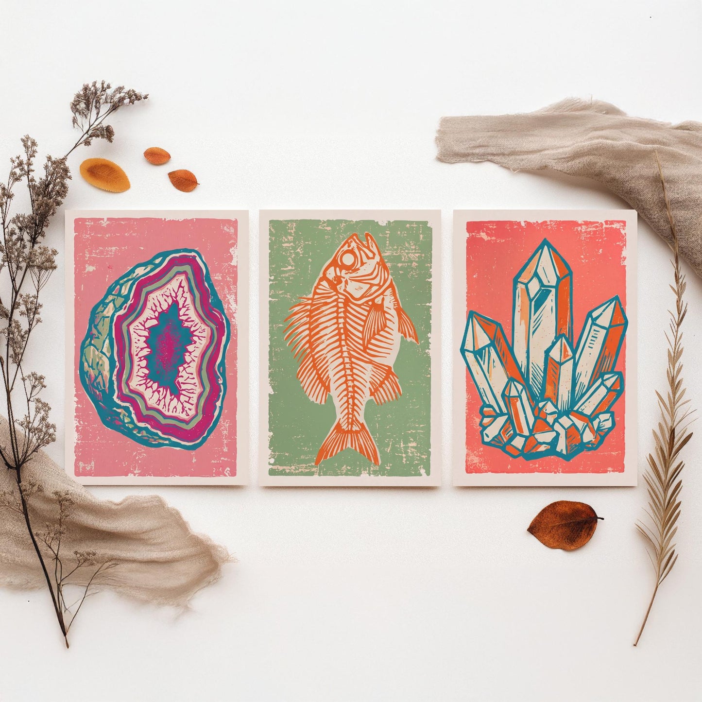Set of Three Fossils and Minerals Art Prints - Agate Geode, Fish Fossil & Quartz Crystals - Linocut Style Illustrations - Posters V2