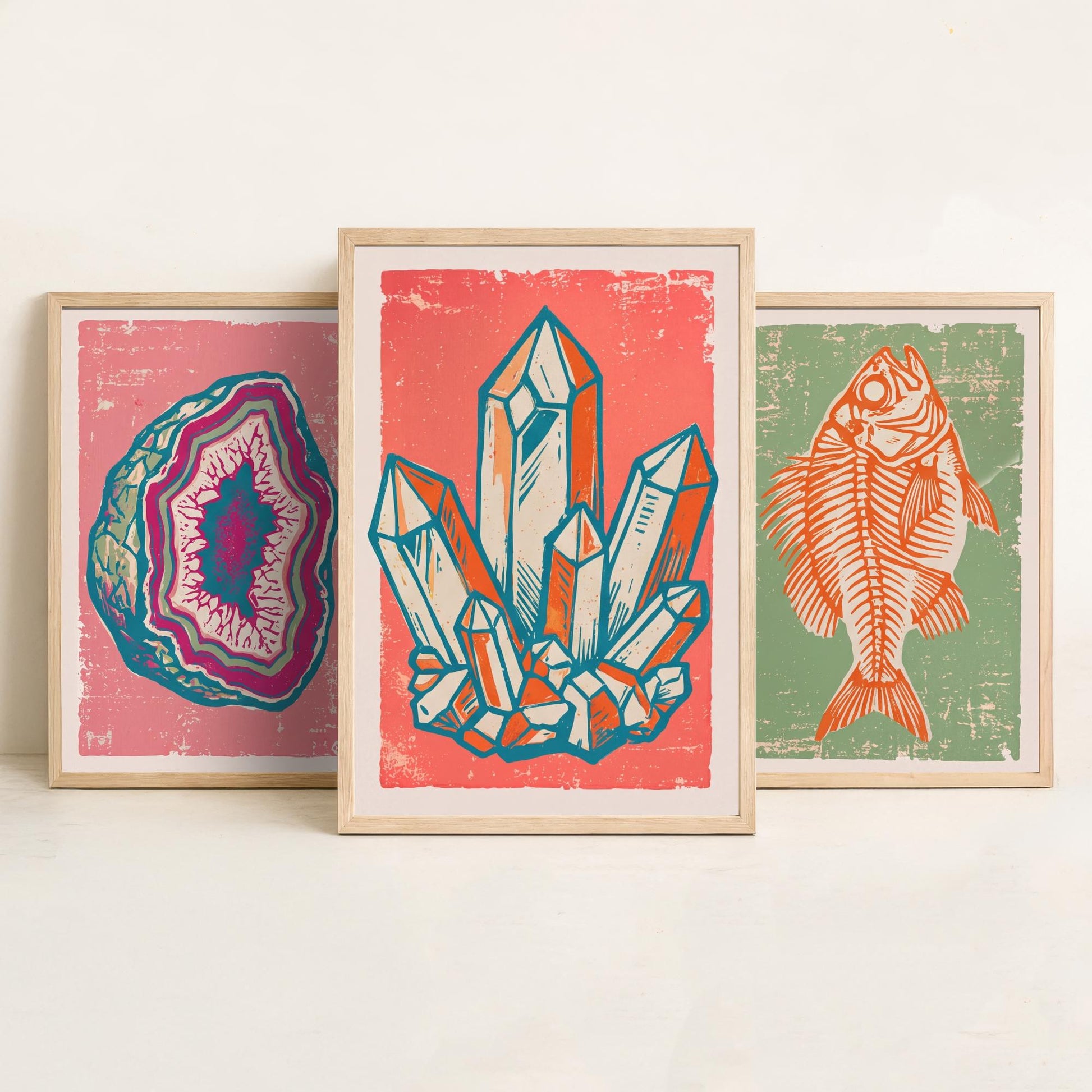 Set of Three Fossils and Minerals Art Prints - Agate Geode, Fish Fossil & Quartz Crystals - Linocut Style Illustrations - Posters V2