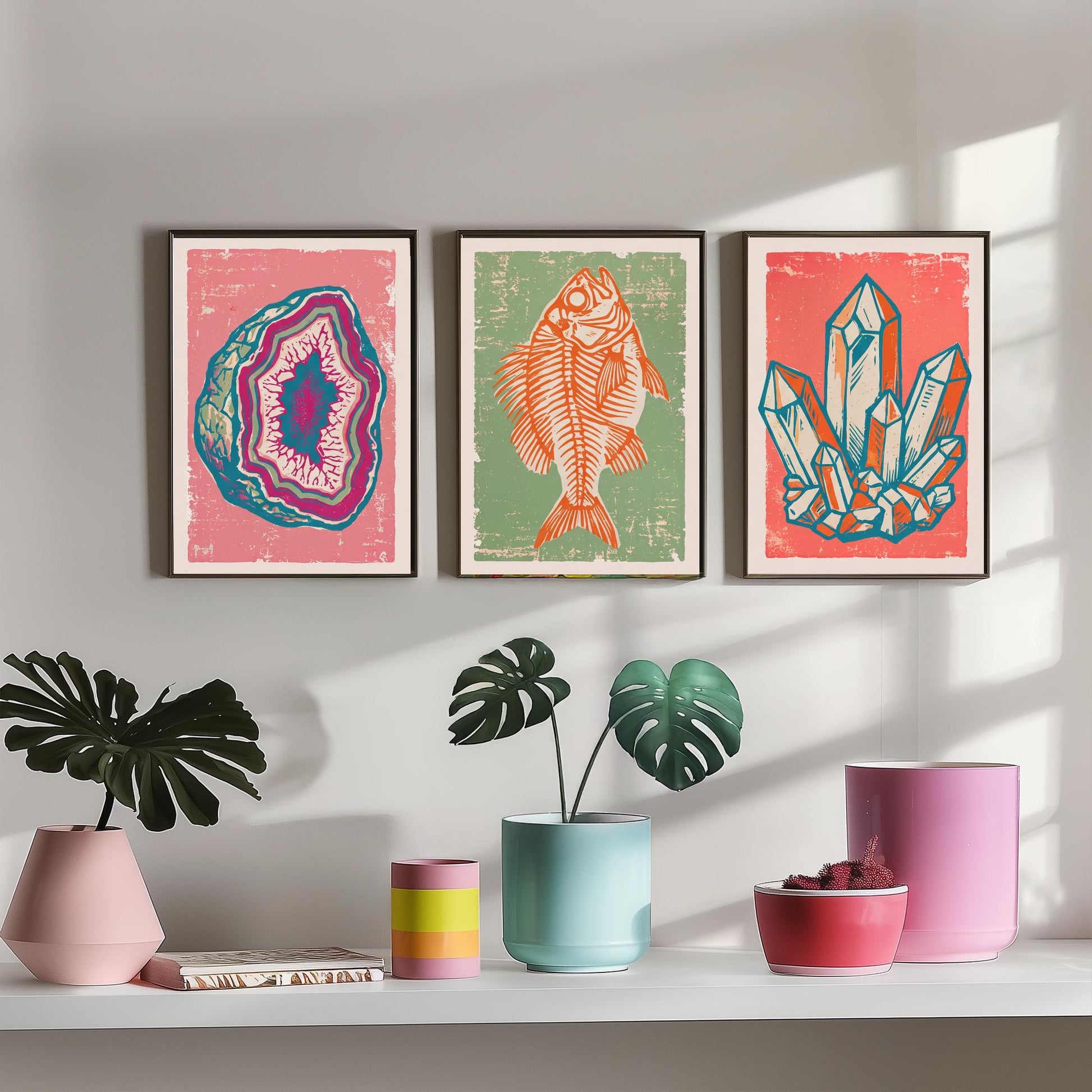 Set of Three Fossils and Minerals Art Prints - Agate Geode, Fish Fossil & Quartz Crystals - Linocut Style Illustrations - Posters V2