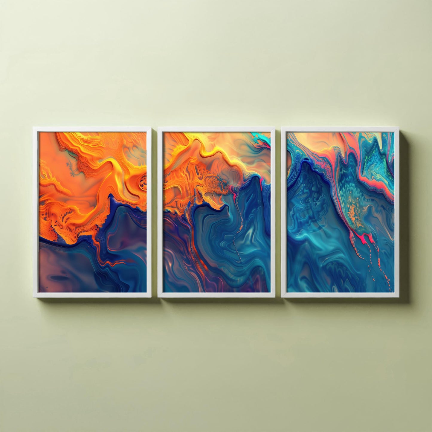 Fractal Paint Spill Set of Three Art Prints - 3 Orange & Blue Abstract Posters - Marbled Fluid Painting - Modern Triptych Decor