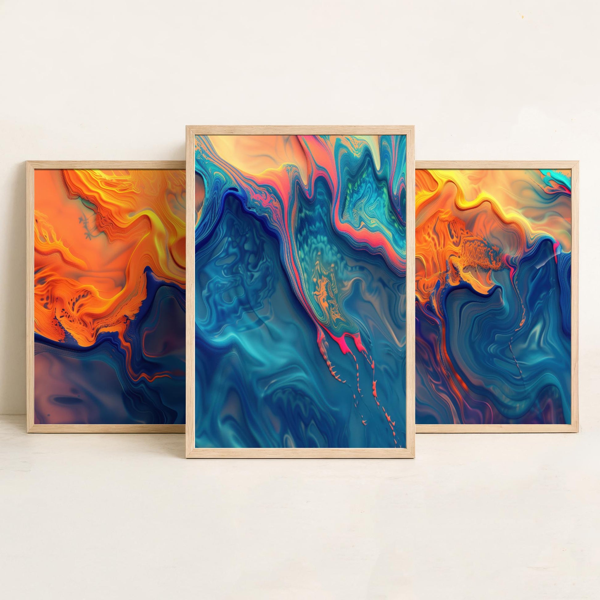 Fractal Paint Spill Set of Three Art Prints - 3 Orange & Blue Abstract Posters - Marbled Fluid Painting - Modern Triptych Decor