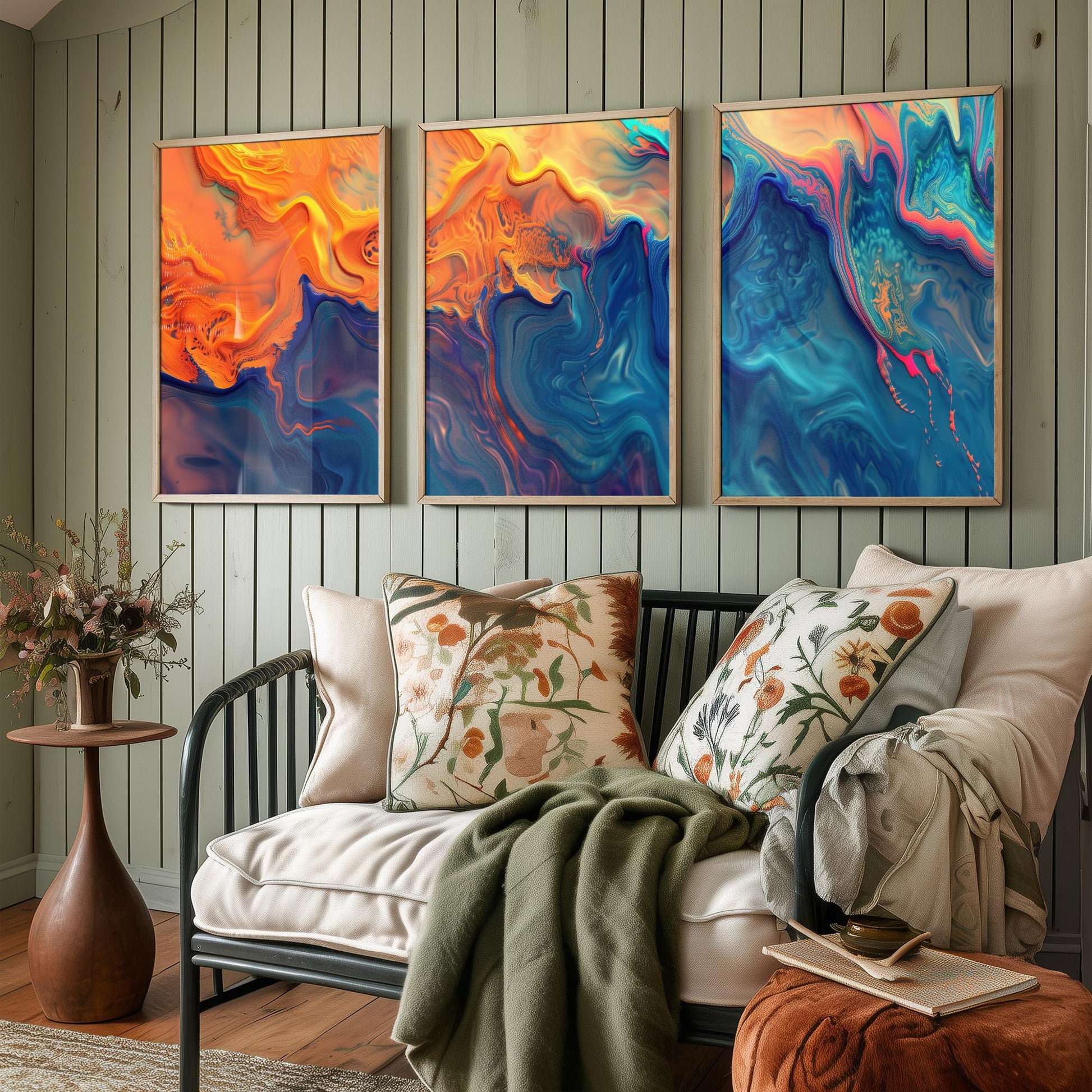 Fractal Paint Spill Set of Three Art Prints - 3 Orange & Blue Abstract Posters - Marbled Fluid Painting - Modern Triptych Decor