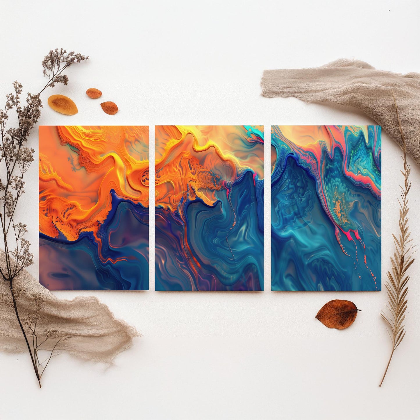 Fractal Paint Spill Set of Three Art Prints - 3 Orange & Blue Abstract Posters - Marbled Fluid Painting - Modern Triptych Decor