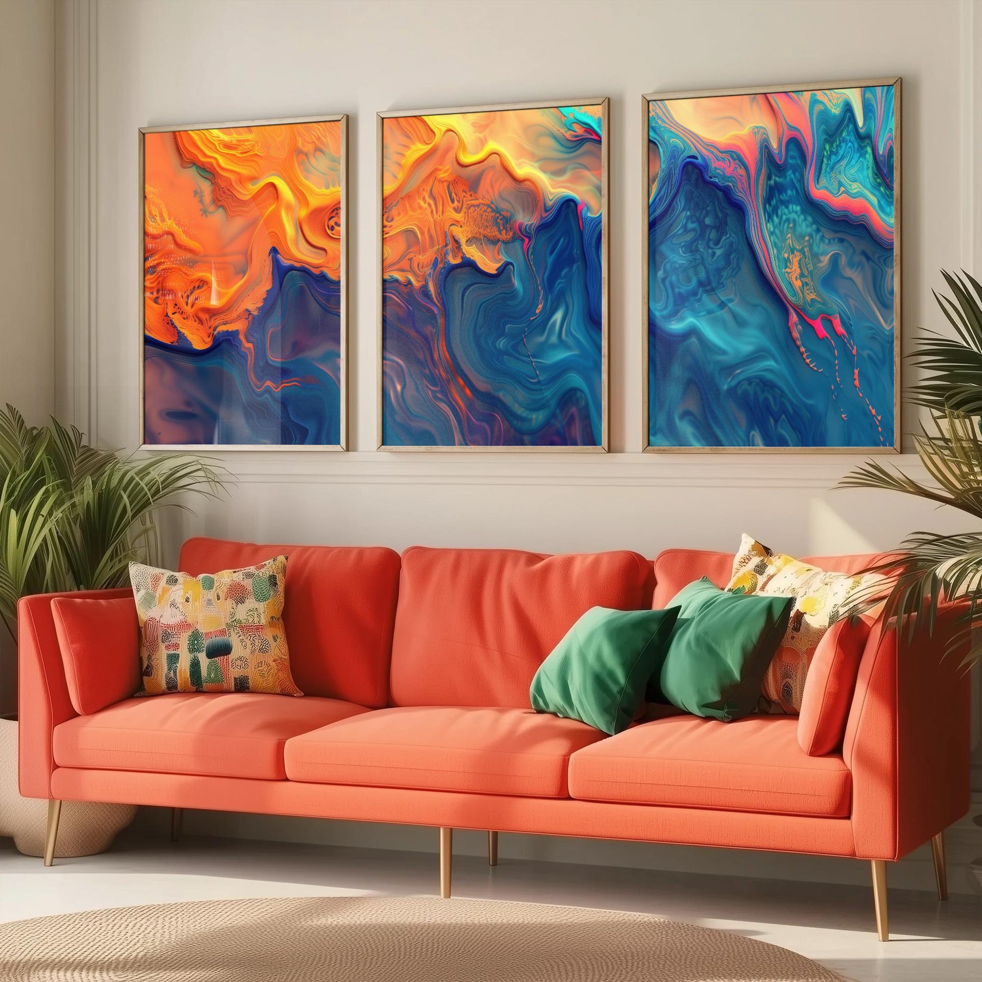 Fractal Paint Spill Set of Three Art Prints - 3 Orange & Blue Abstract Posters - Marbled Fluid Painting - Modern Triptych Decor