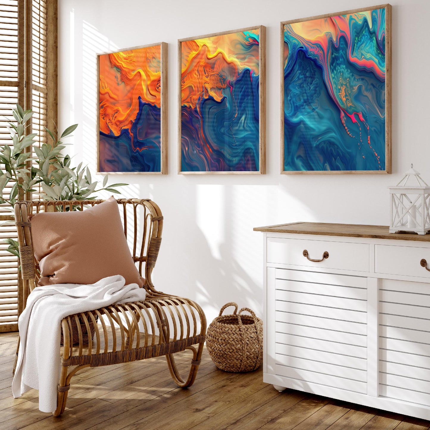 Fractal Paint Spill Set of Three Art Prints - 3 Orange & Blue Abstract Posters - Marbled Fluid Painting - Modern Triptych Decor