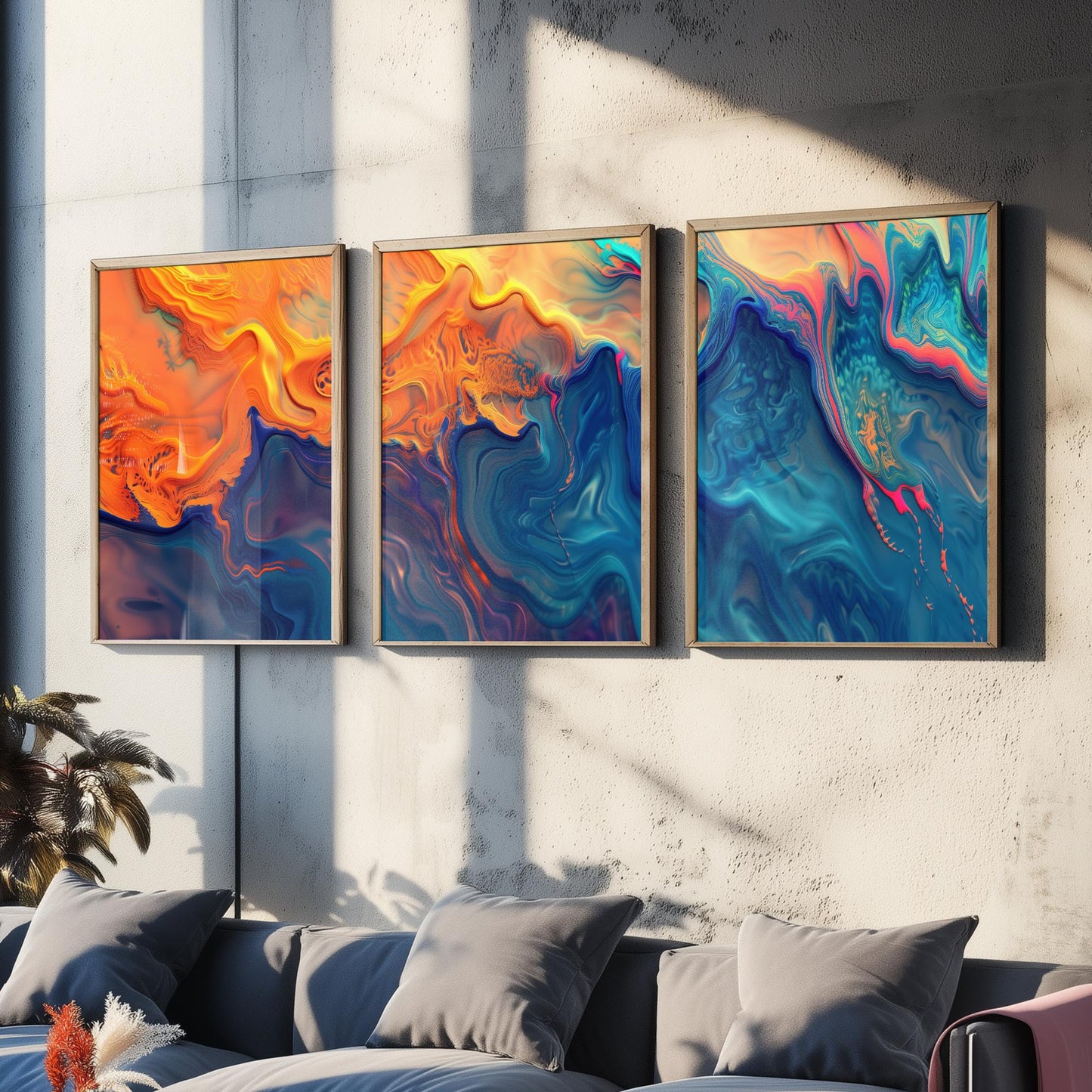 Fractal Paint Spill Set of Three Art Prints - 3 Orange & Blue Abstract Posters - Marbled Fluid Painting - Modern Triptych Decor