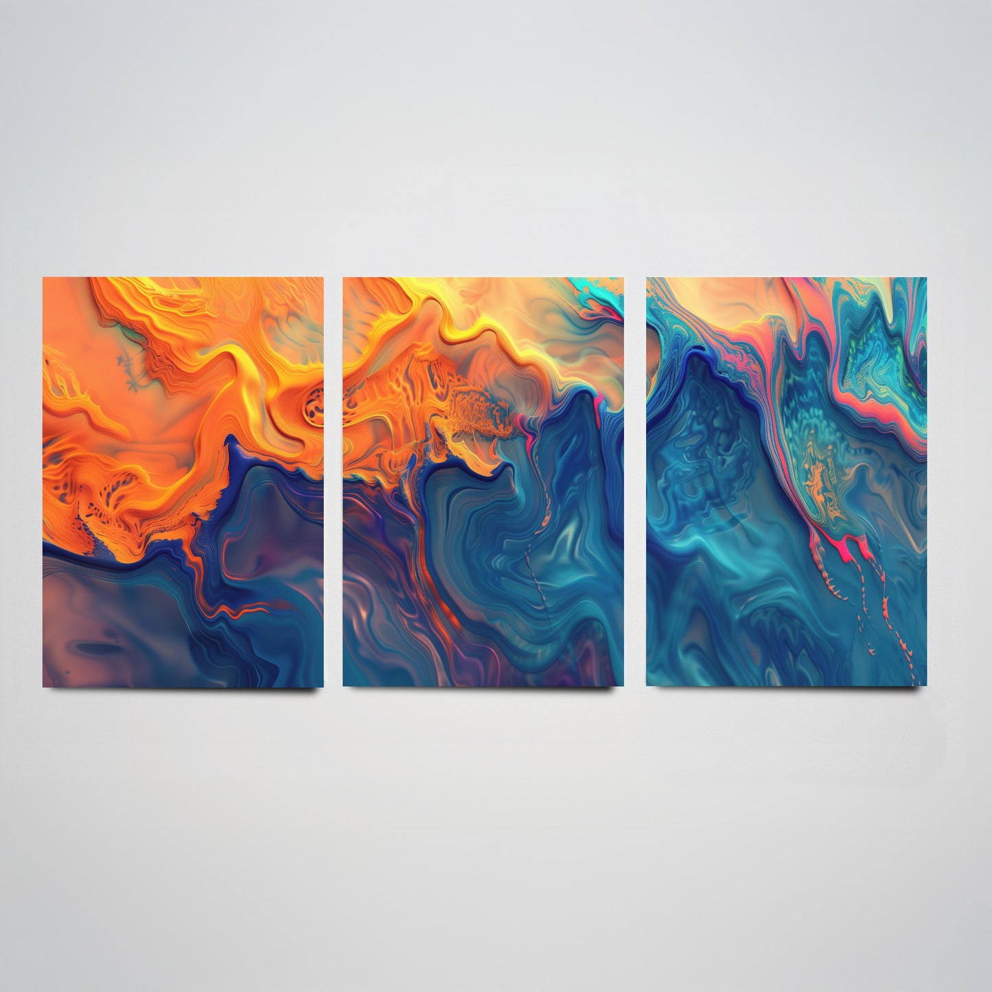 Fractal Paint Spill Set of Three Art Prints - 3 Orange & Blue Abstract Posters - Marbled Fluid Painting - Modern Triptych Decor