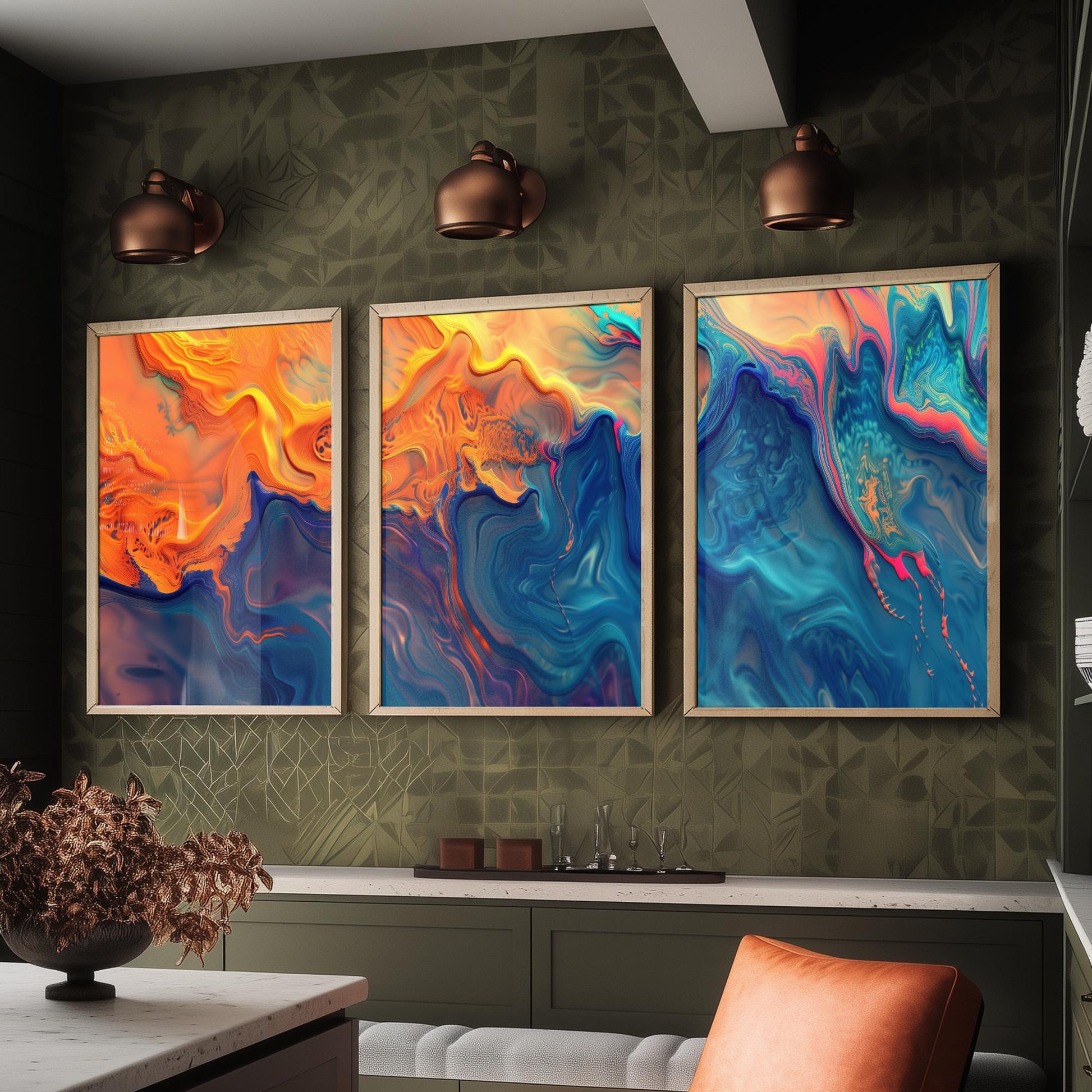 Fractal Paint Spill Set of Three Art Prints - 3 Orange & Blue Abstract Posters - Marbled Fluid Painting - Modern Triptych Decor