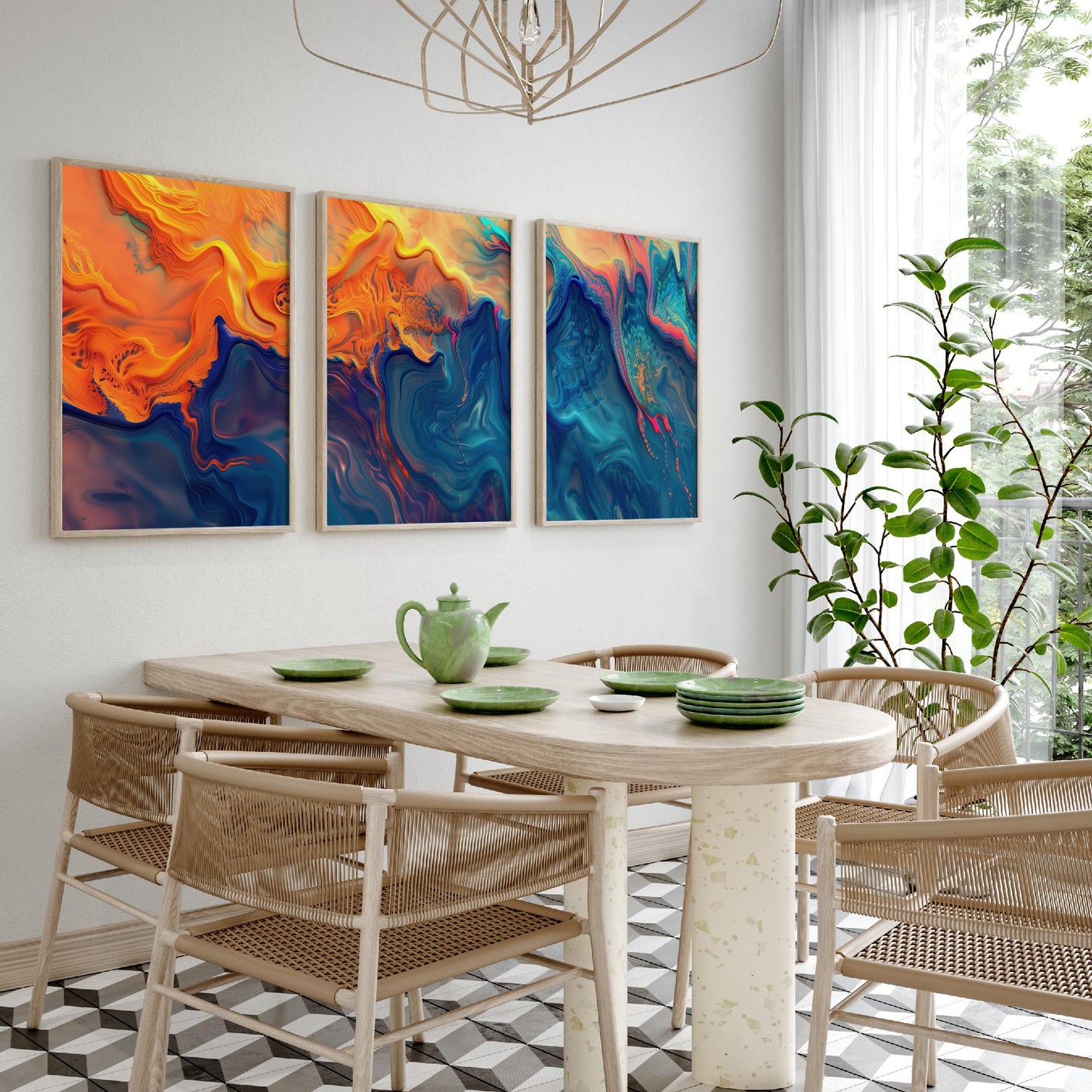 Fractal Paint Spill Set of Three Art Prints - 3 Orange & Blue Abstract Posters - Marbled Fluid Painting - Modern Triptych Decor